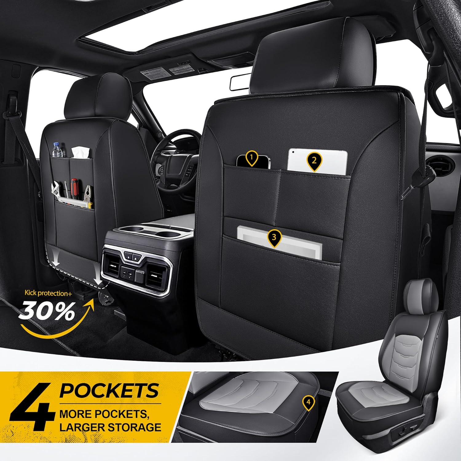 Chevy Chevrolet Silverado Seat Covers GMC Sierra 2007-2026 1500 2500HD 3500HD Trail Boss Z71 Crew Double Extended Cab Waterproof Leather Trucks Seat Covers (Full Set, Black&Gray)