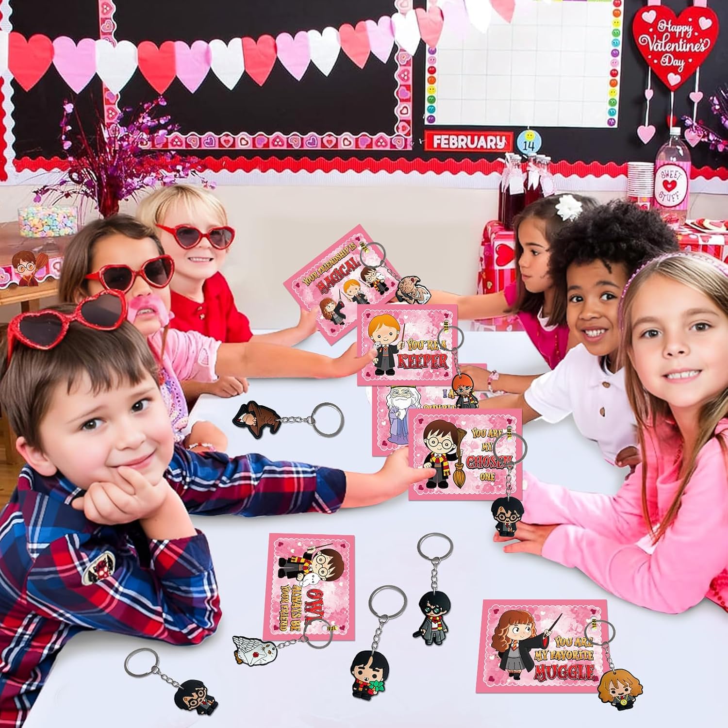 Valentines Day Gifts for Kids, 24 Pack Valentines Cards With Keychains Set , Wizards Characters Magical Theme Valentines Day Cards for Boys Girls School Classroom Exchange Gifts