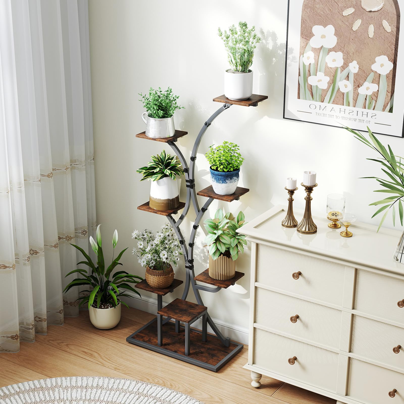 COSTWAY Soporte para Plantas de Interior con Luces de Cultivo, Estante para Plantas de Esquina de 8 Niveles, Soporte para Macetaa para Múltiples Plantas para Sala de Estar Balcón, 67 x 30 x 146 cm (1)