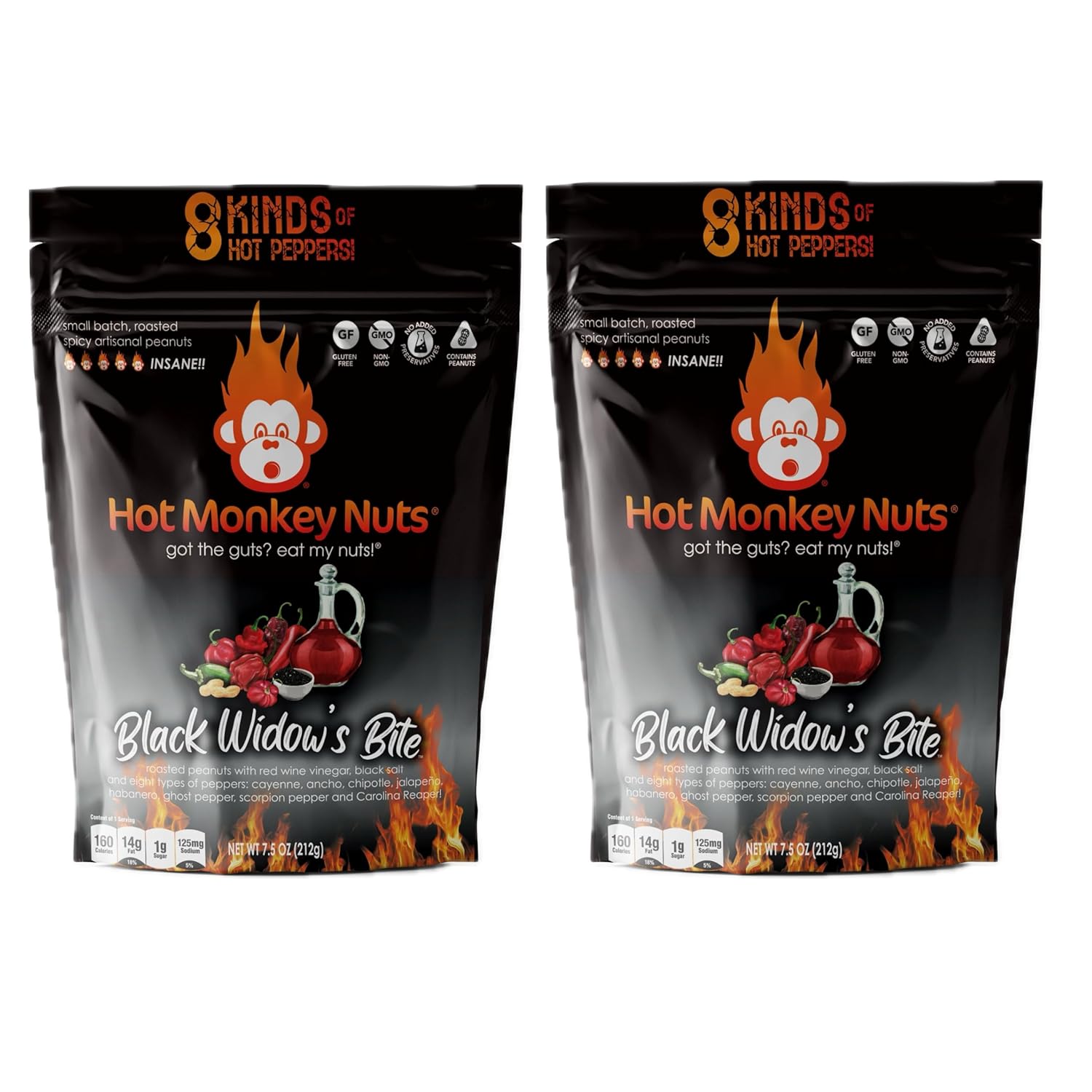 Hot Monkey Nuts - 2 Pack Roasted Spicy Peanuts with Red Wine Vinegar, Black Lava Salt, Cayenne, Ancho, Chipotle, Jalapeño, Trinidad Scorpion Pepper, Ghost Pepper, and Carolina Reaper, Hot Peanut