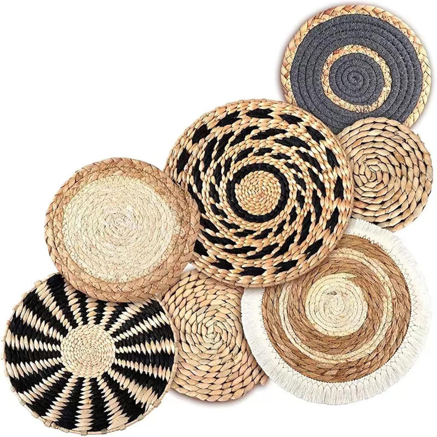 Gewebte Wanddekoration 7er Set, Boho Rattan Blumen Hängekörbe, handgefertigt für Schlafzimmer, Party und Zuhause, Bohemian-Stil Wandkunst, einzigartige dekorative Akzente