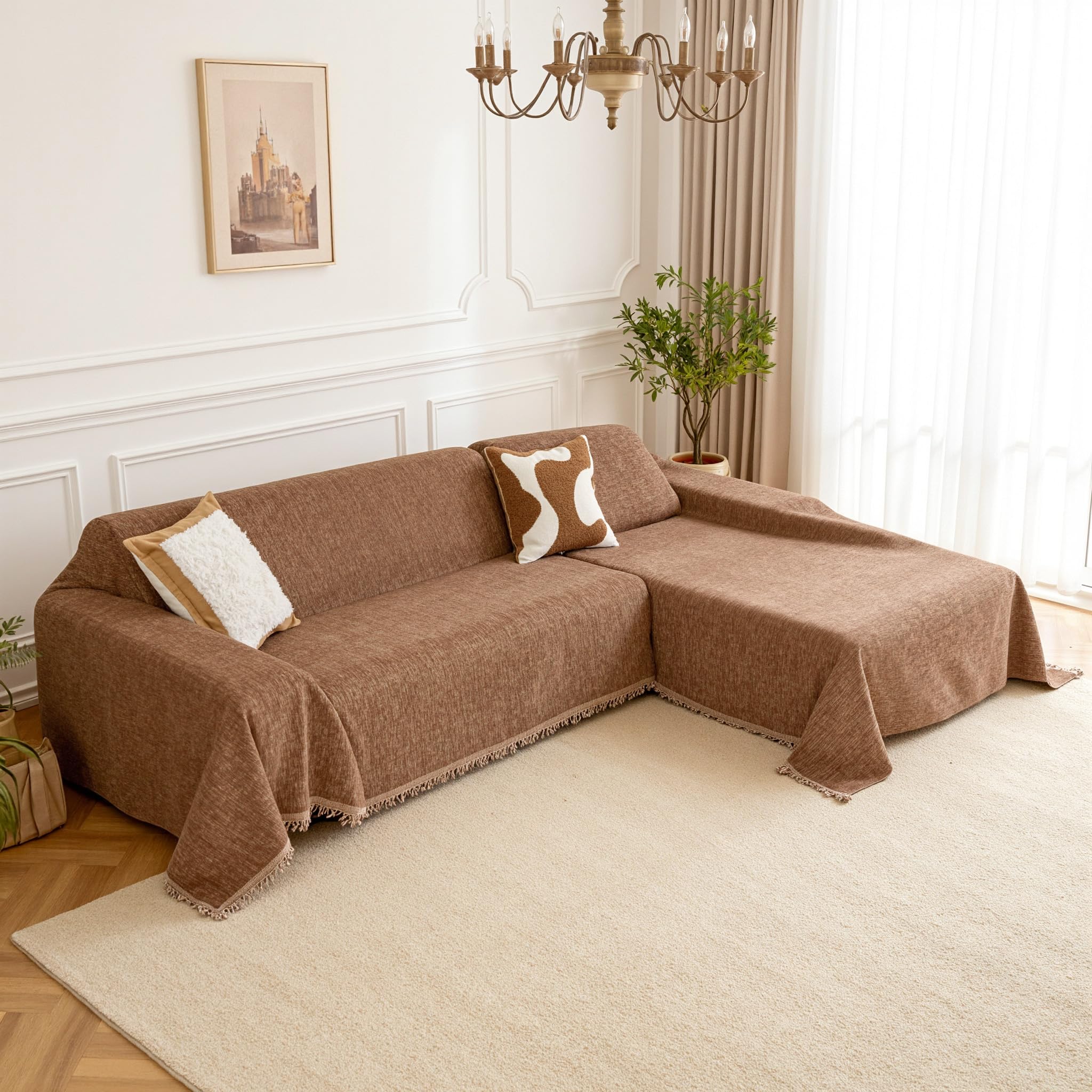 Photo 1 of MEETSKY Sectional Couch Cover Sofa Covers Washable, 2 Pieces Couch Covers for Sofa L Shape, Sofa Slipcover for 3-4 Cushion Couch, Furniture Protector for Pets(XX-Large, 71"x118"+91"x134", Camel)