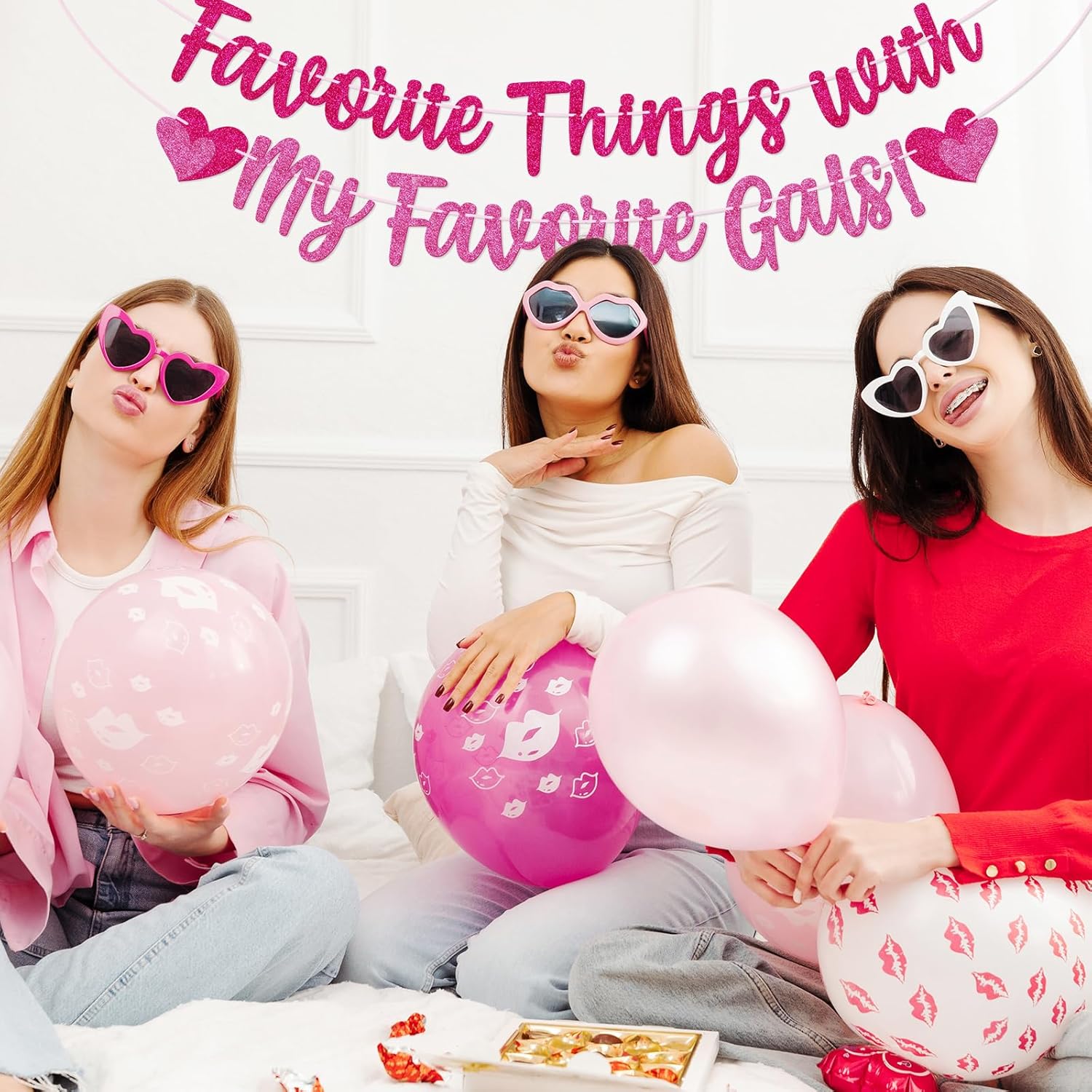 Galentine's Day Banner - Favorite Things Party Decor - Galentines Girls Night Party Decorations - Valentine's Day Party Sign - Pink Glitter