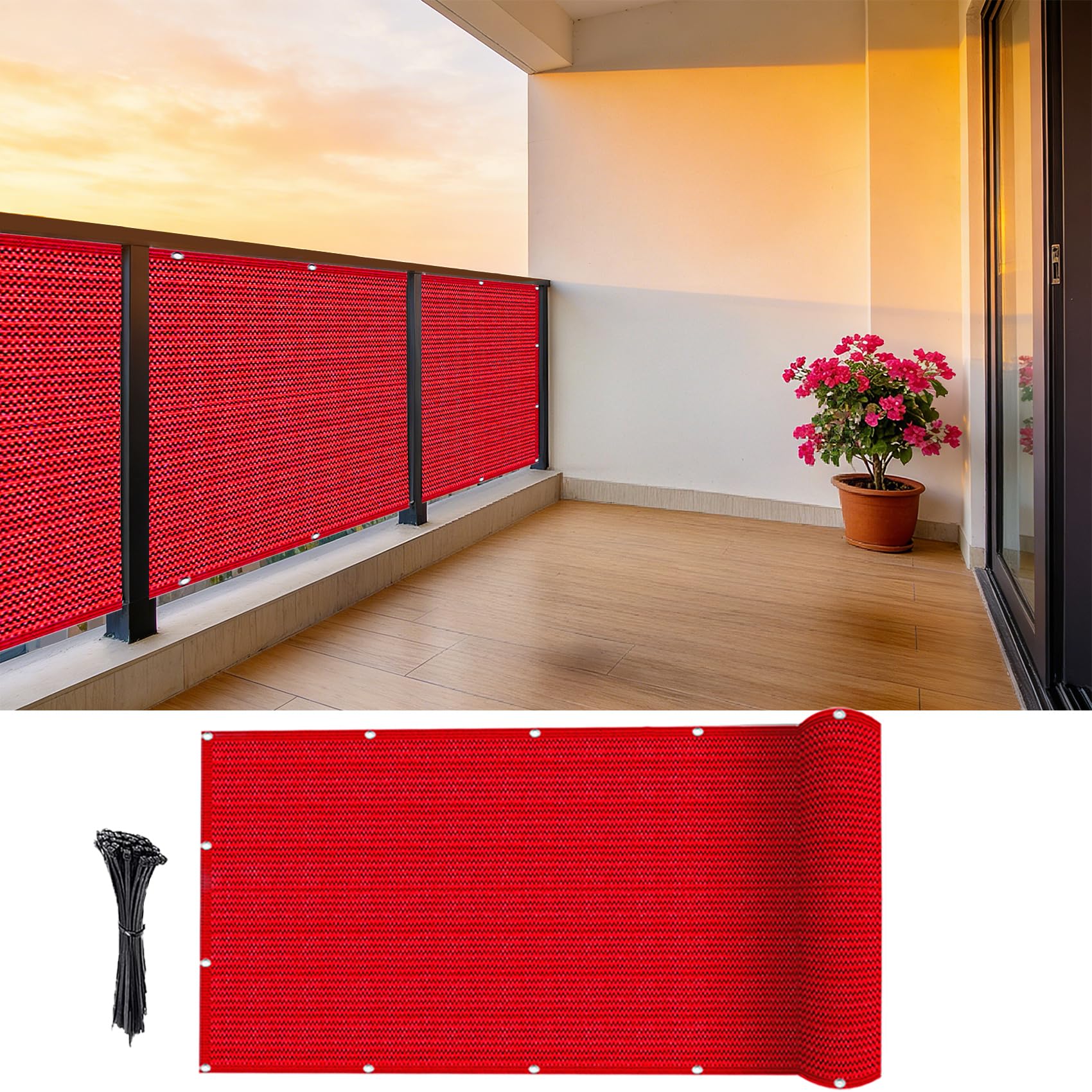 Osłona Balkonowa 160 x 1000 cm HDPE 220 G M² Bez Wiercenia, Nieprzejrzysta, Odporna Na Uv, Odporna Na Rozdarcie, Siatka Zacieniająca Do Ogrodu Z Oczkami I Linką Do Podwórka, Czerwony
