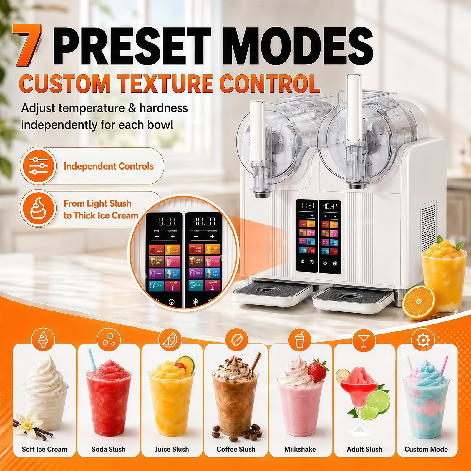 Máquina de Granizados Profesional y Helado Soft 2 en 1, Granizadora de Slush de Doble Tanque con Pantalla Táctil, Dispensador para Sorbetes, Yogur Helado y Bebidas Frías White