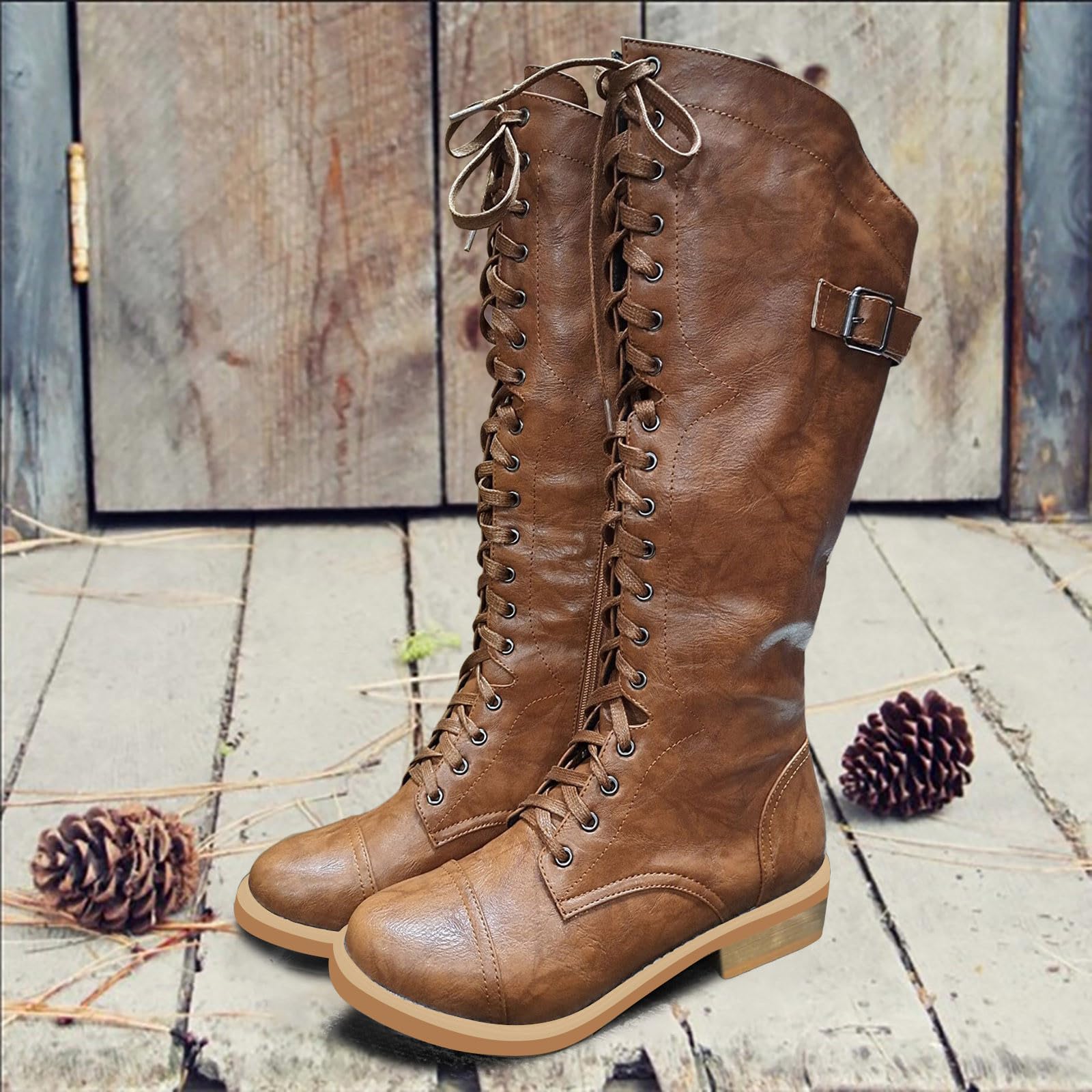 Generisch Botas de equitación de invierno Moda Mujeres Bordado Artificial Flores Suela Gruesa Tacones Encaje Up Mid Botines Redondos Zapatos