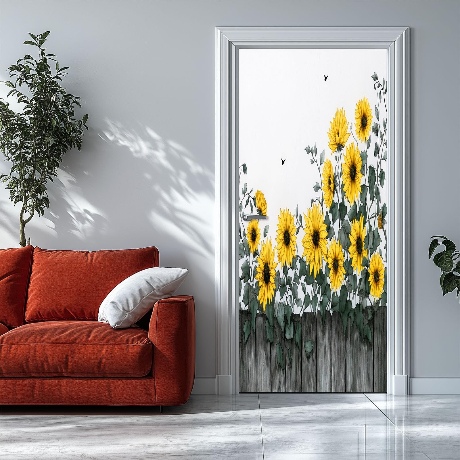 Naklejka na drzwi w stylu akwarelowym, na płot drewniany, kwiaty, słoneczniki, tapeta na drzwi dla dzieci, do sypialni, 95 x 215 cm (szer. x wys.), naklejka na ścianę, fototapeta, dekoracja pokoju dla