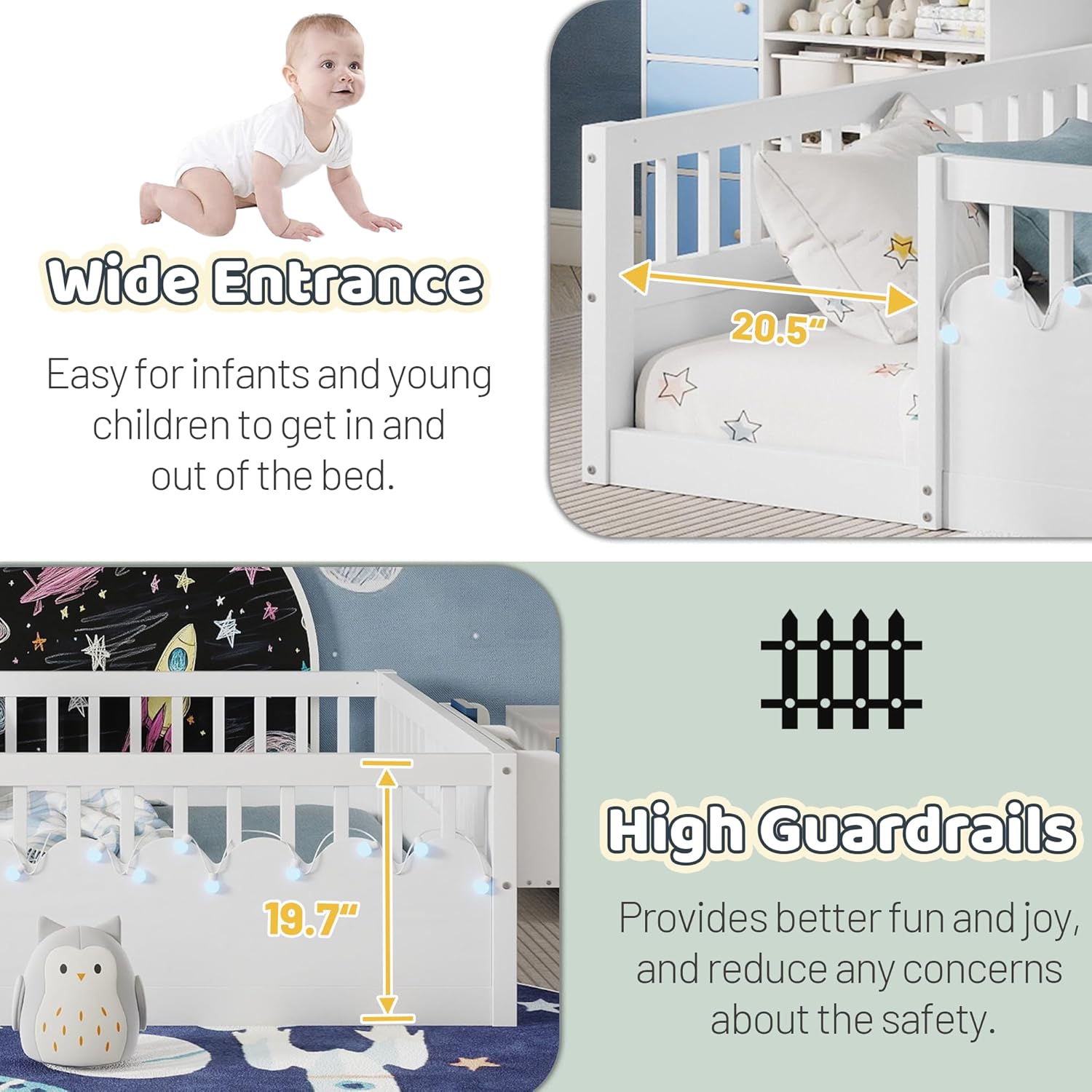 Montessori Floor Bed with High Rails,Twin Size Floor Bed Frame for Kids, LED Lights & Storage Shelf, Safe & Wider Opening Gate Design, Playground & Sleep Space for Girls Boys,White