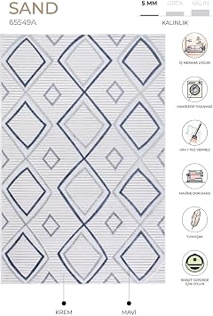 Sand Krem Mavi Katlanabilir Kolay Temizlenebilir Halı 65549a, 78 x 150