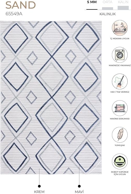 Sand Krem Mavi Katlanabilir Kolay Temizlenebilir Halı 65549a, 78 x 150