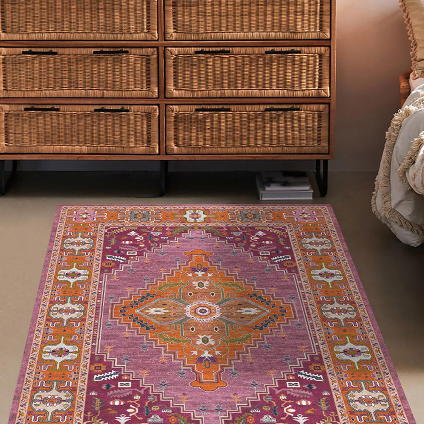 Tapis de salon oriental multicolore orange et rose lavable en machine de 120 x 160 cm