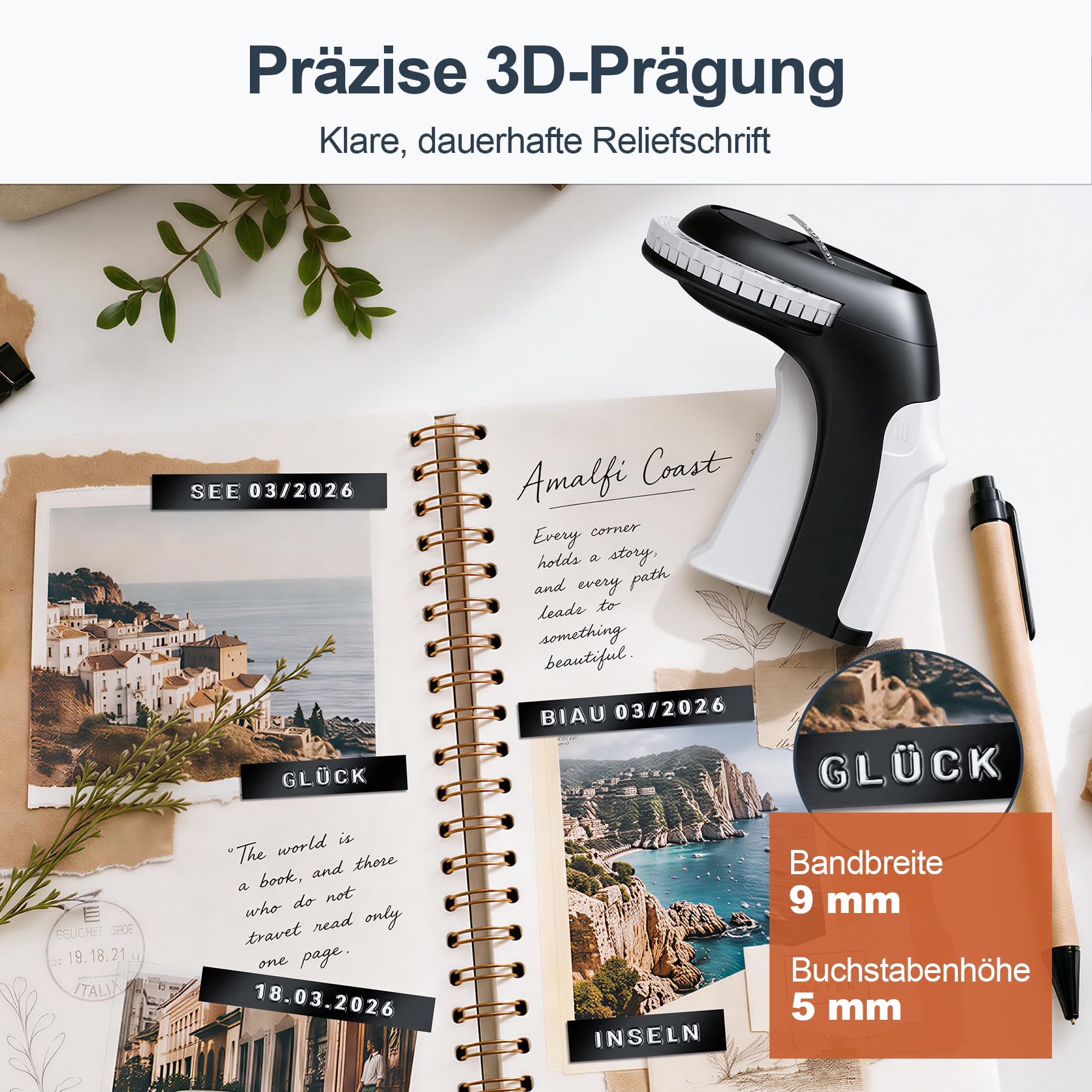 Beschriftungsgerät Prägegerät, Etikettiergerät Prägegerät, Omega-S Ettikettiergeraet mit 4 Etikettenbandern, Retro Prägemaschine – Hausgebrauch & DIY-Bastelprojekte, Schwarz (€ Ä Ö Ü)