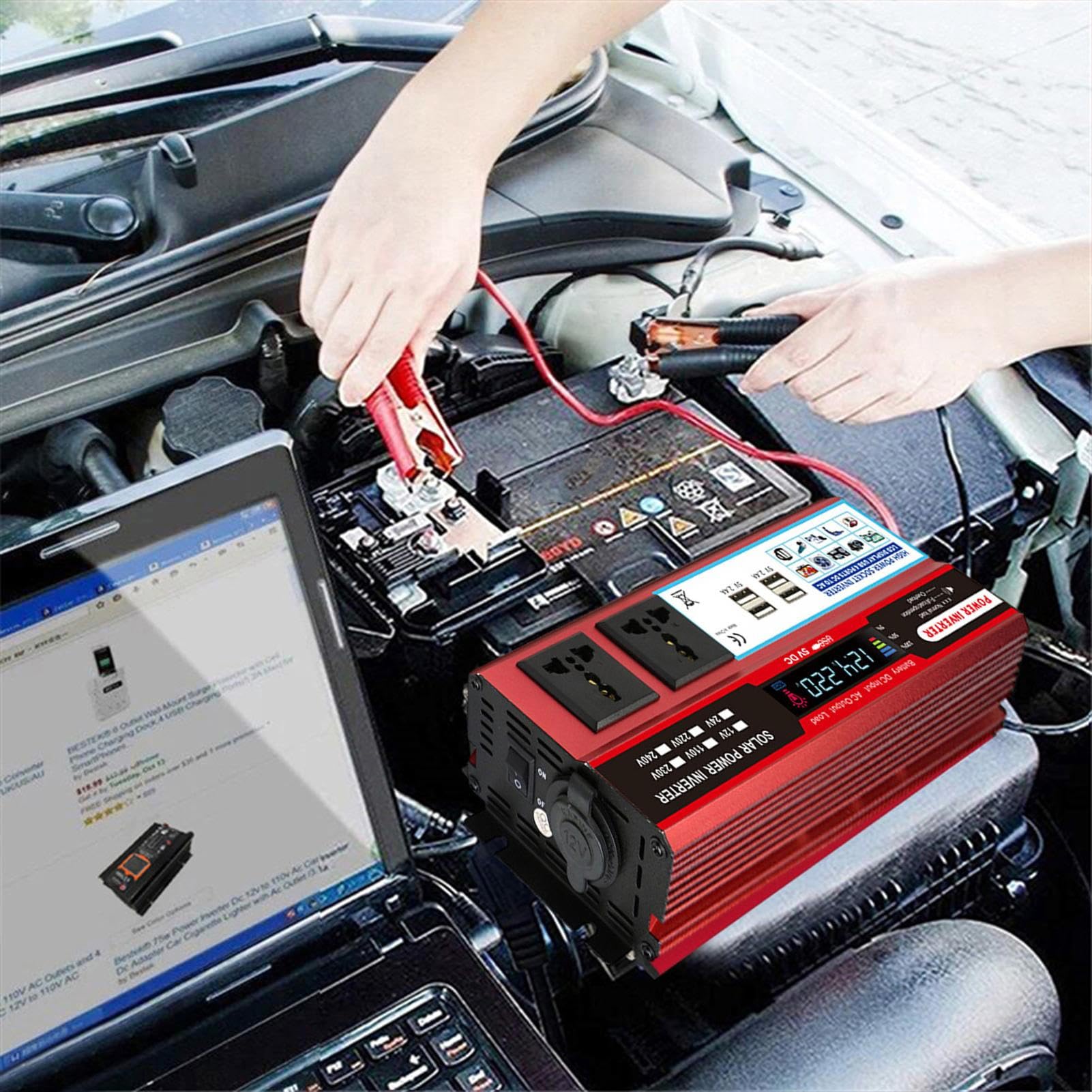 Inversor de Corriente para Coche | Inversor de Corriente para vehículos | Multifuncional | de de 2000 W CA 100 V-120 V/CA 220-240 V con Puertos USB y Ventilador de refrigeración para