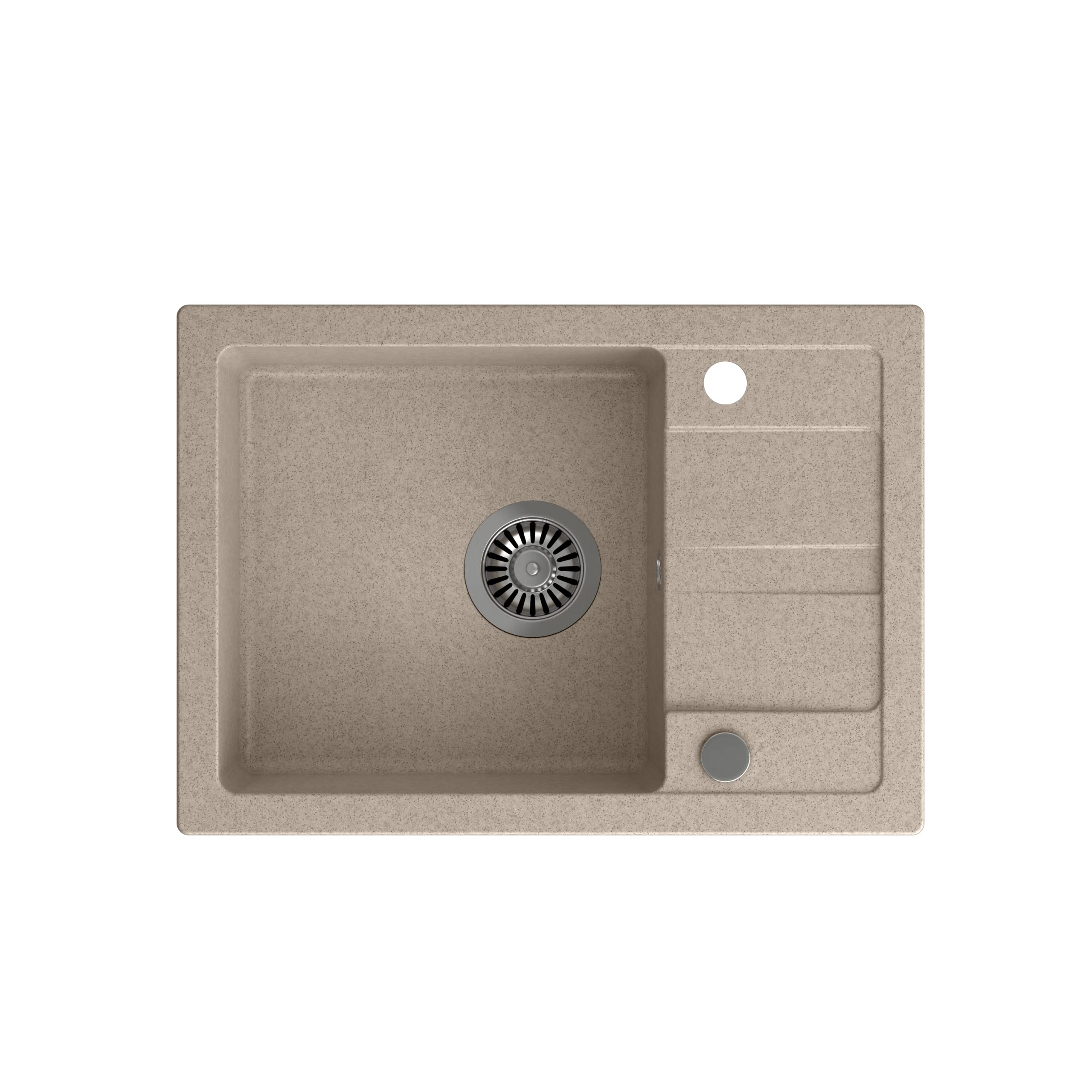 VBChome Fregadero con grifería, color beige, 62 x 44 cm, granito, fregadero individual, escurridor moteado, reversible, compuesto de acero inoxidable + sifón