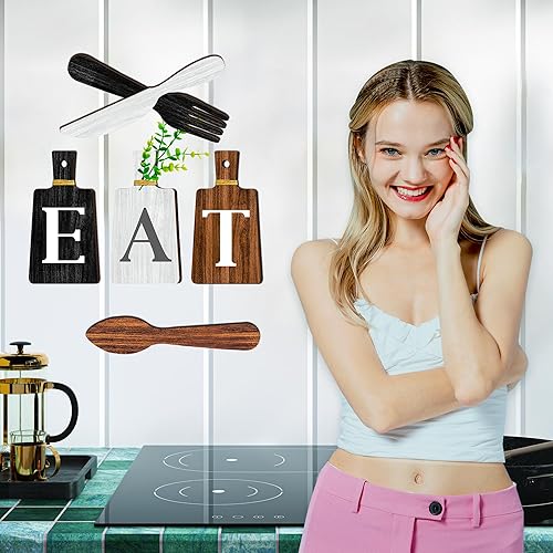 Miniatura 30 de Juego de 6 letreros de girasol para cocina, tenedor y cucharas, decoración de pared de cocina, placas colgantes de madera, arte de pared de granja,