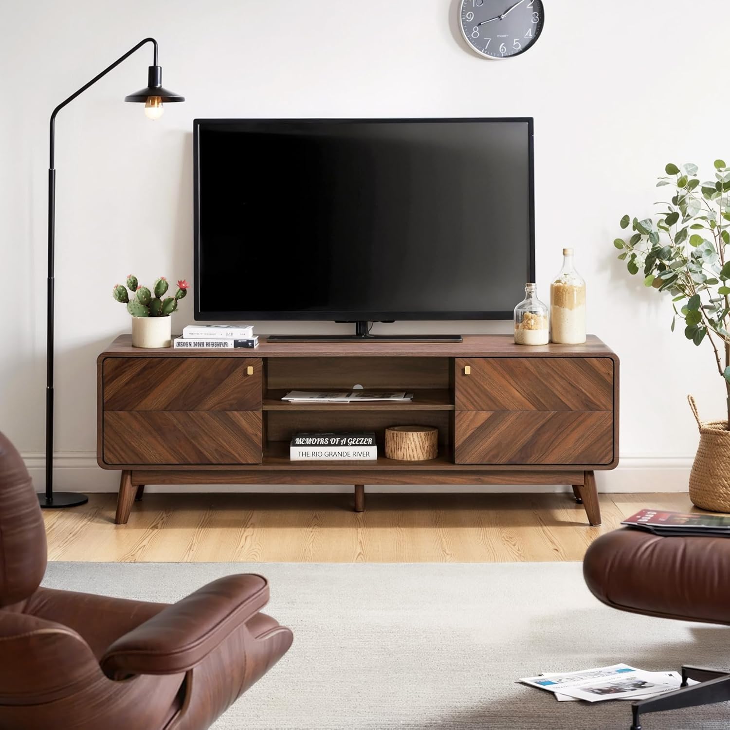 LuxenHome 63" Mid Century Modern TV Stand, TV Stands for Living Room for TVs up to 65", Entertainment Center with Storage, Wood TV Console with Tapered Legs, Television Stands