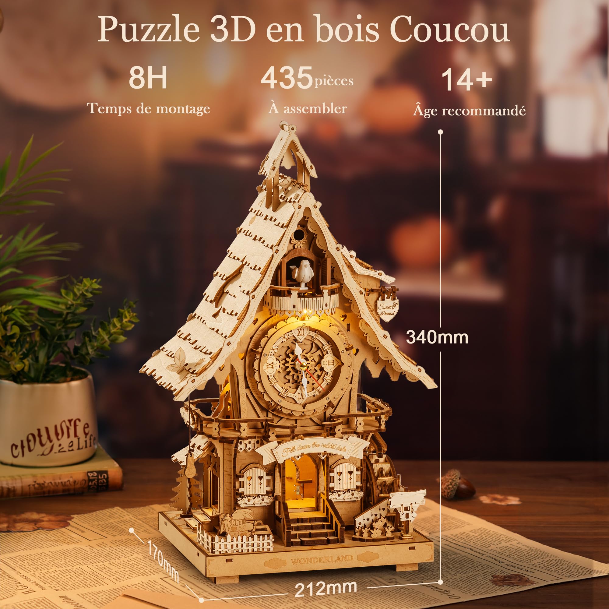 ROBOTIME Puzzle 3D Horloge à Coucou en Bois pour Adultes,Kit de Modèle à Construire,Horloge Fonctionnelle avec Son du Coucou,Décoration Maison,Cadeau pour Adolescents&Adultes,LC901 (Couleur de Bois)