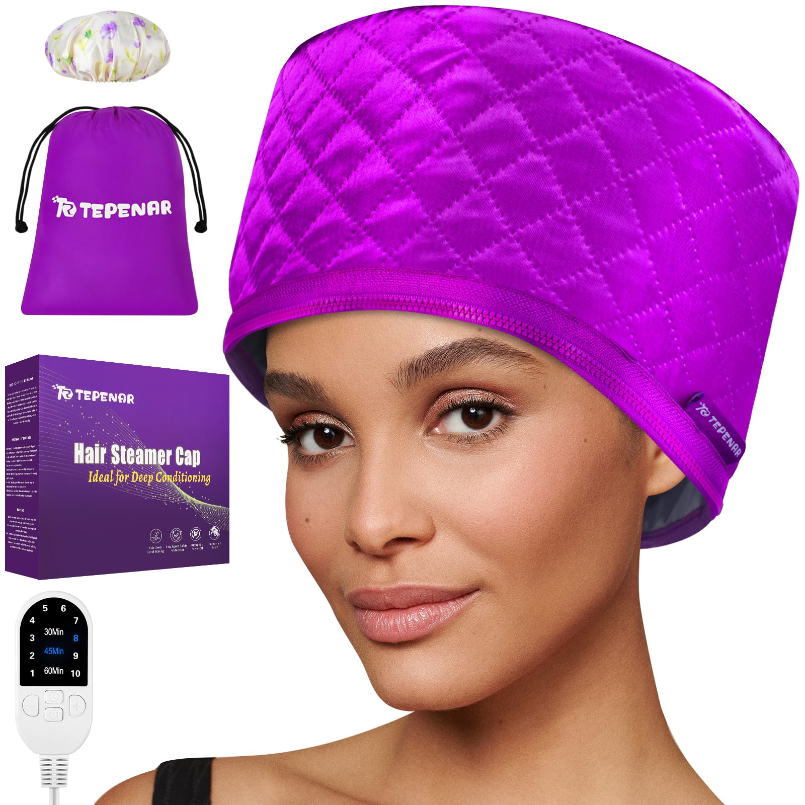 Cuffia termica aggiornata per condizionamento - Vaporizzatore elettrico per capelli afro naturali, cuffia termica portatile per uso domestico (viola)