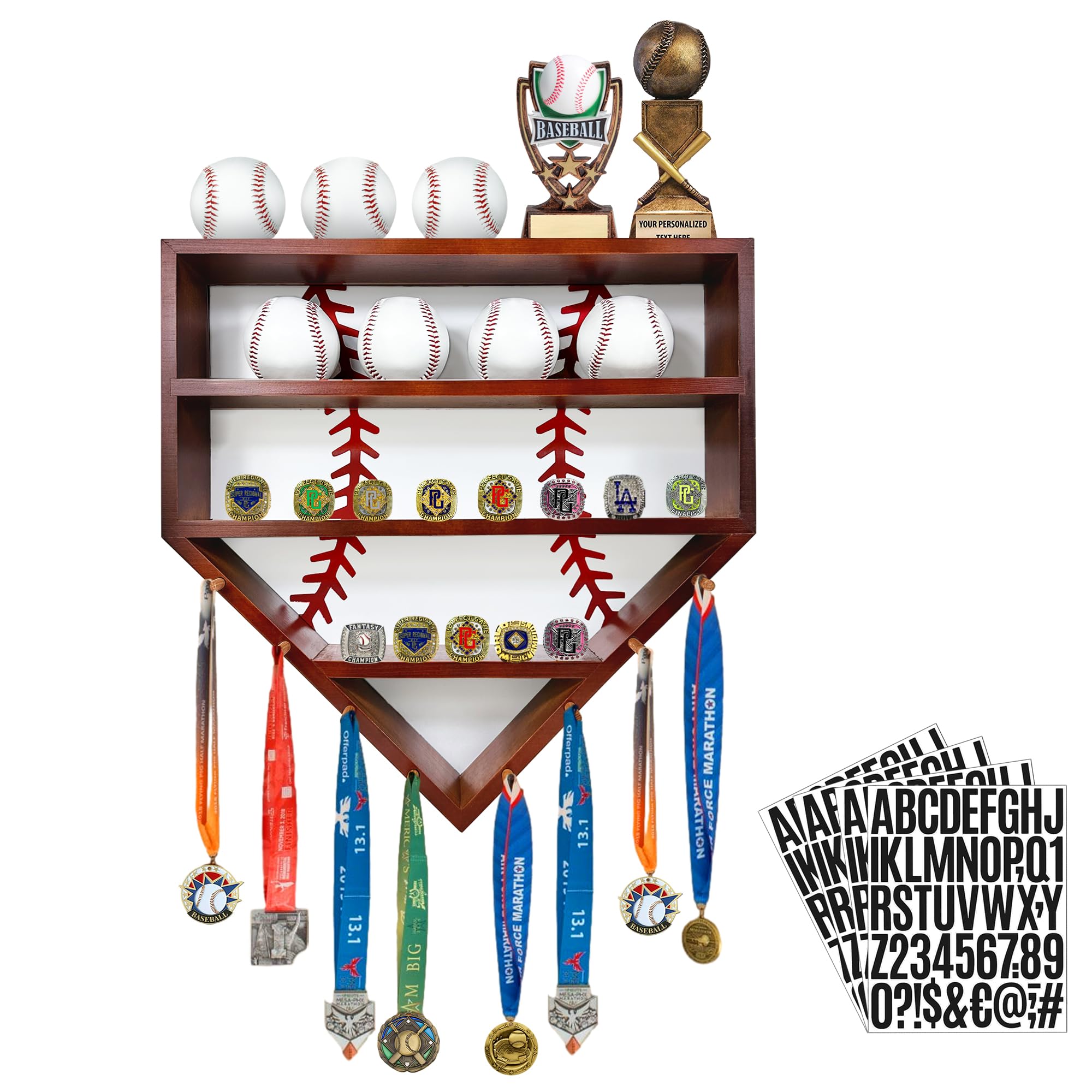 Baseball Display Case, Baseball Holder Display Case, Wooden Baseball Ring Holder, Baseball Display Wall Mounted, Baseball Holders for Balls, Medals and Name Tags (Walnut)