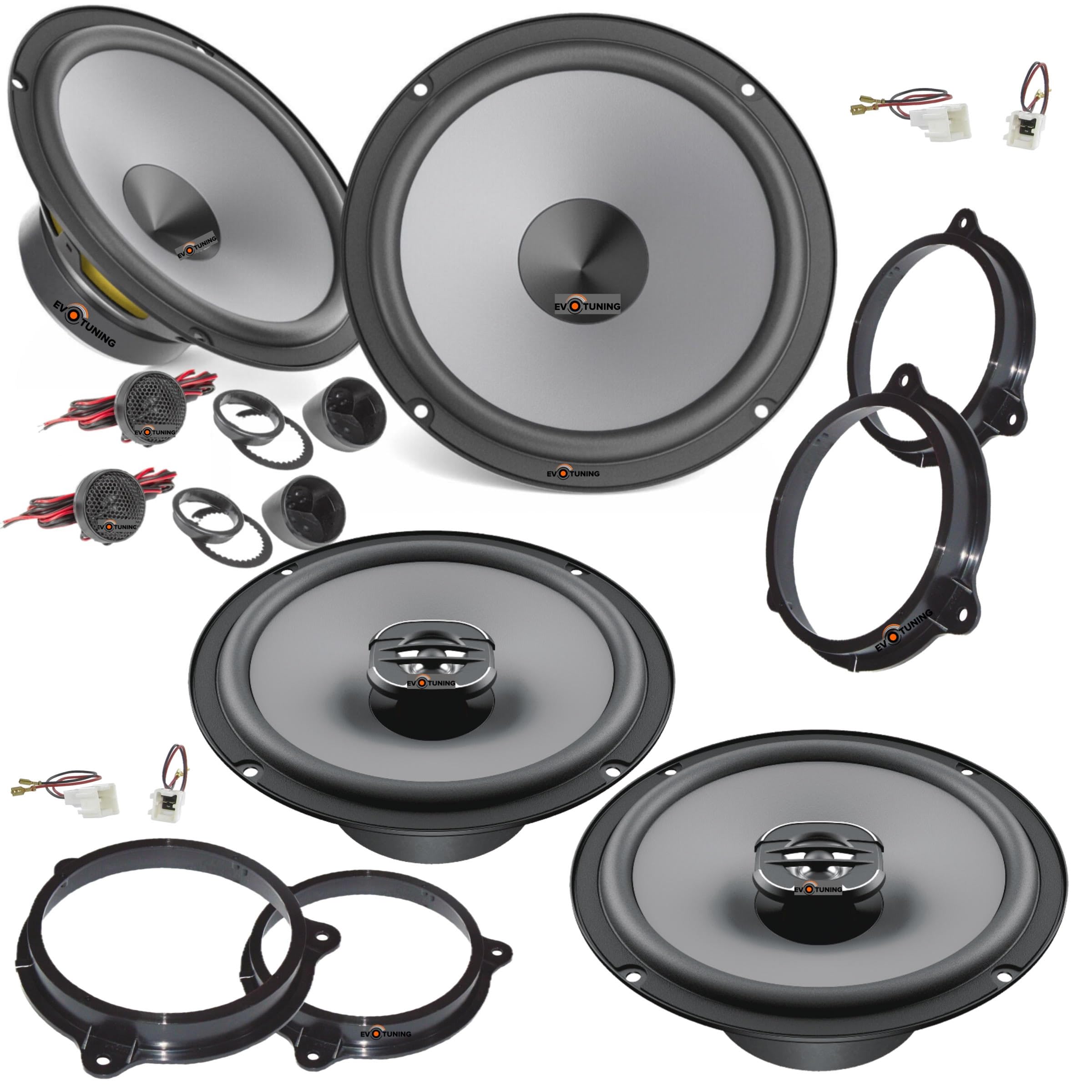 Kit 6 Casse Altoparlanti per Nissan Juke F15 F16 dal 2010 compatibile con Hertz K165+X165 Anteriori e Posteriori +Set 4 Anelli Adattatori 4 Cavi Connettori (No plug and play)