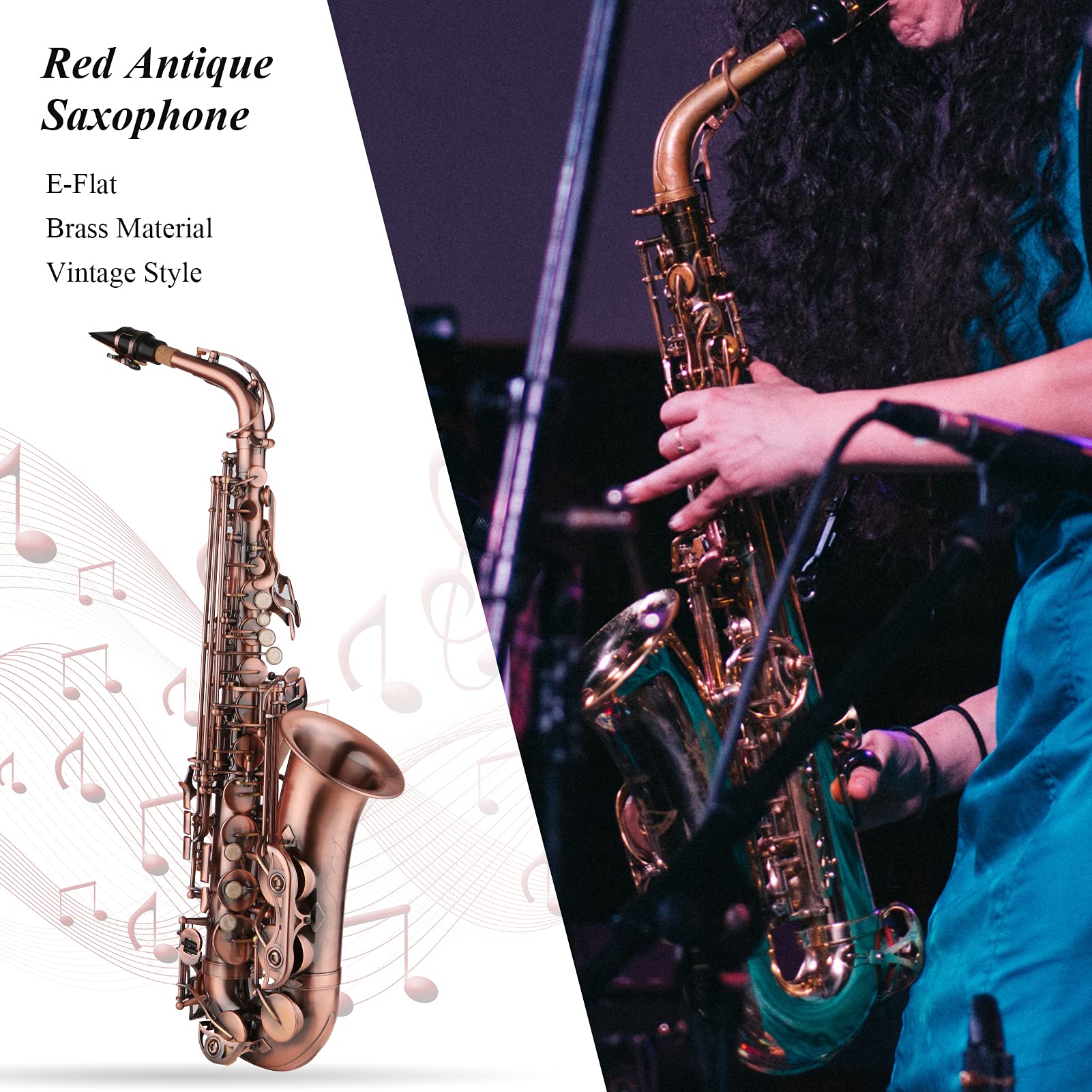 Saxophon-Rot, antikes Es-Messing-Material, mit Tragetasche, Reinigungstuch, Bürste, Sax-Gurt-Mundstück,Alt-Saxophon