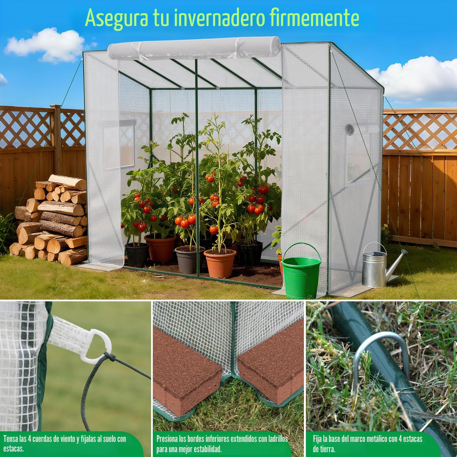 Velway Invernadero de Jardín Impermeable 208x81x170/141cm – Techo Inclinado Invernadero Exterior de PE con Puerta Enrollable y Ventana para Verduras, Plantas, Macetas y Flores – Blanco Translúcido