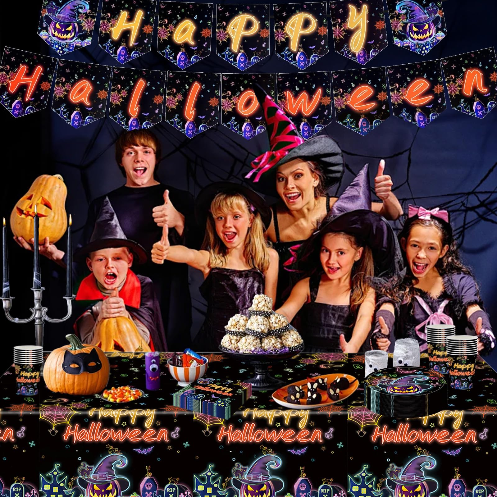 Halloween-Babyparty Geschirr-Set – Teller, Tassen, Banner, Tischdecke, Berg-Motiv