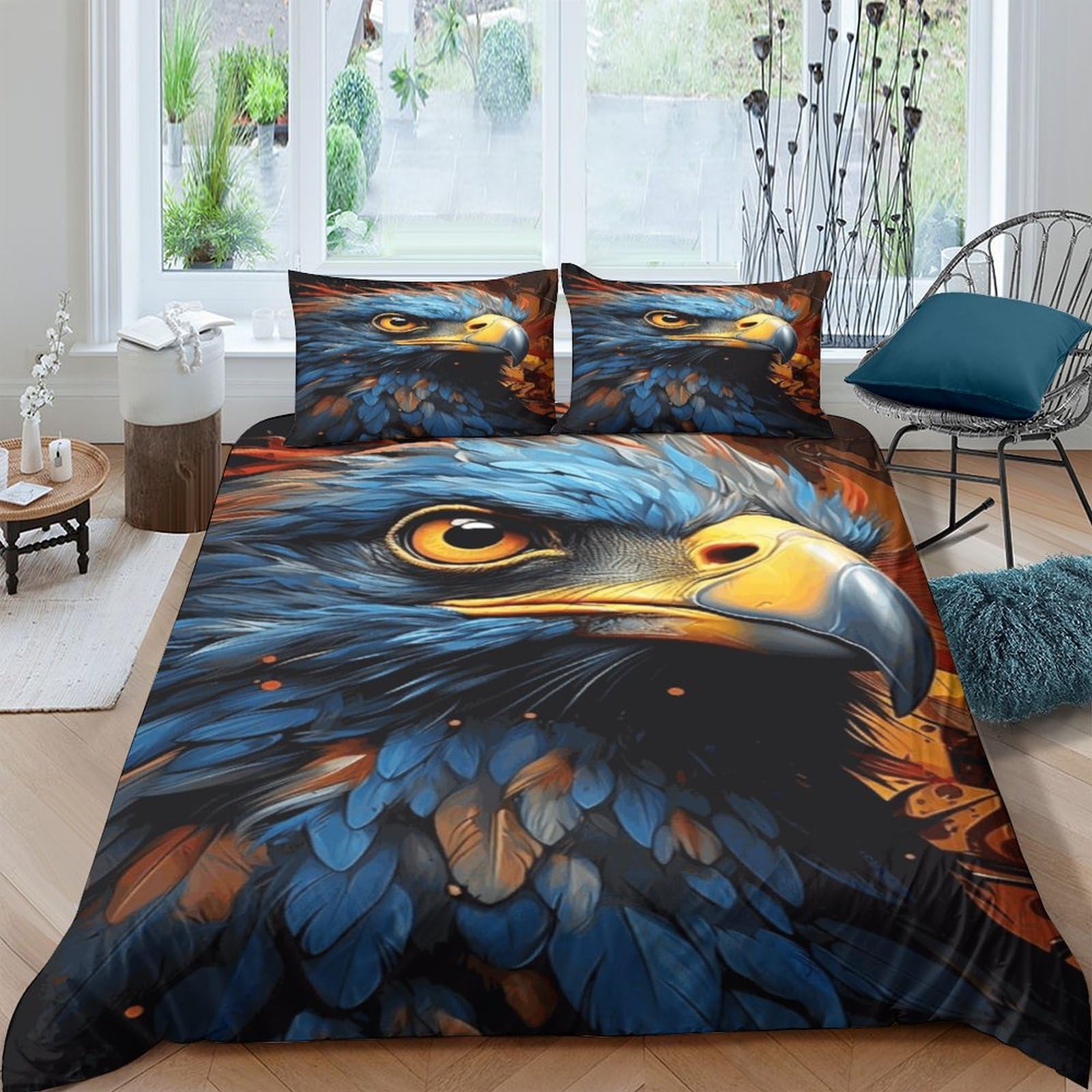 Housse de couette Aigle 3D lit double 220x240 parure de lit faune microfibre zippée avec taie