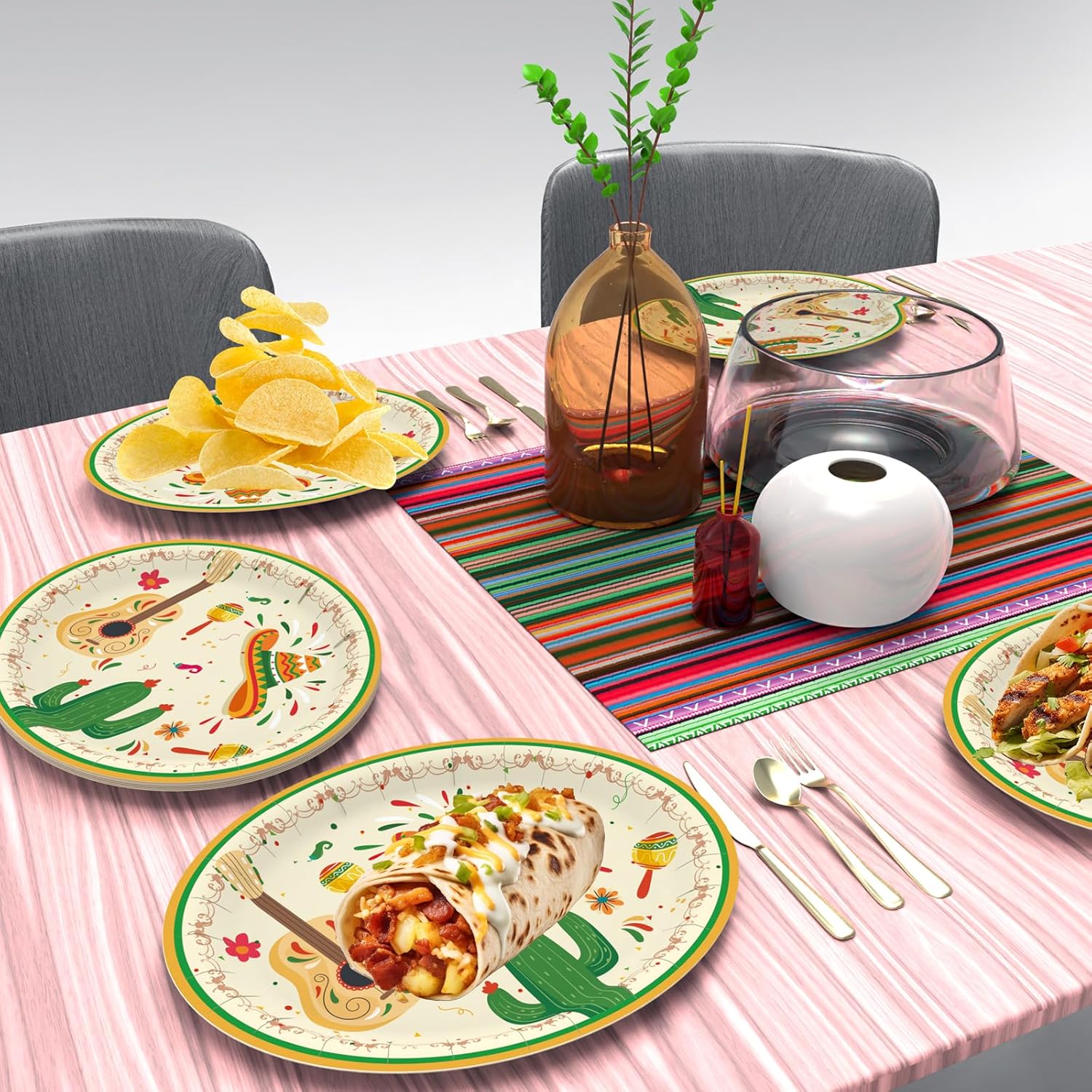 Tbsone 50-Count Fiesta Disposable Paper Plates: Large Oval Heavy-Duty Dinnerware Set for Cinco de Mayo Mexican Party Supplies Dinner Table Decorations, 10.2 × 12.6 Inch (Fiesta)