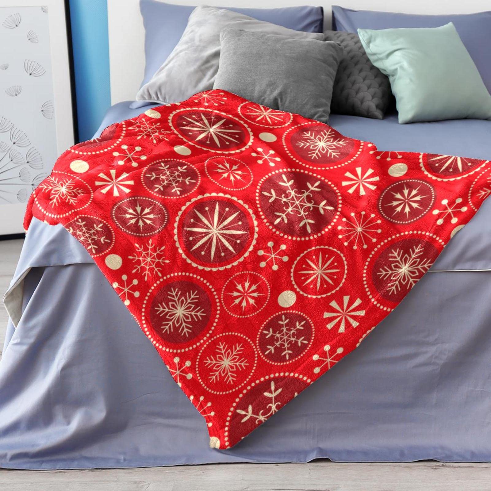 Coperta rossa in pile per divano, divano o letto, con motivo natalizio