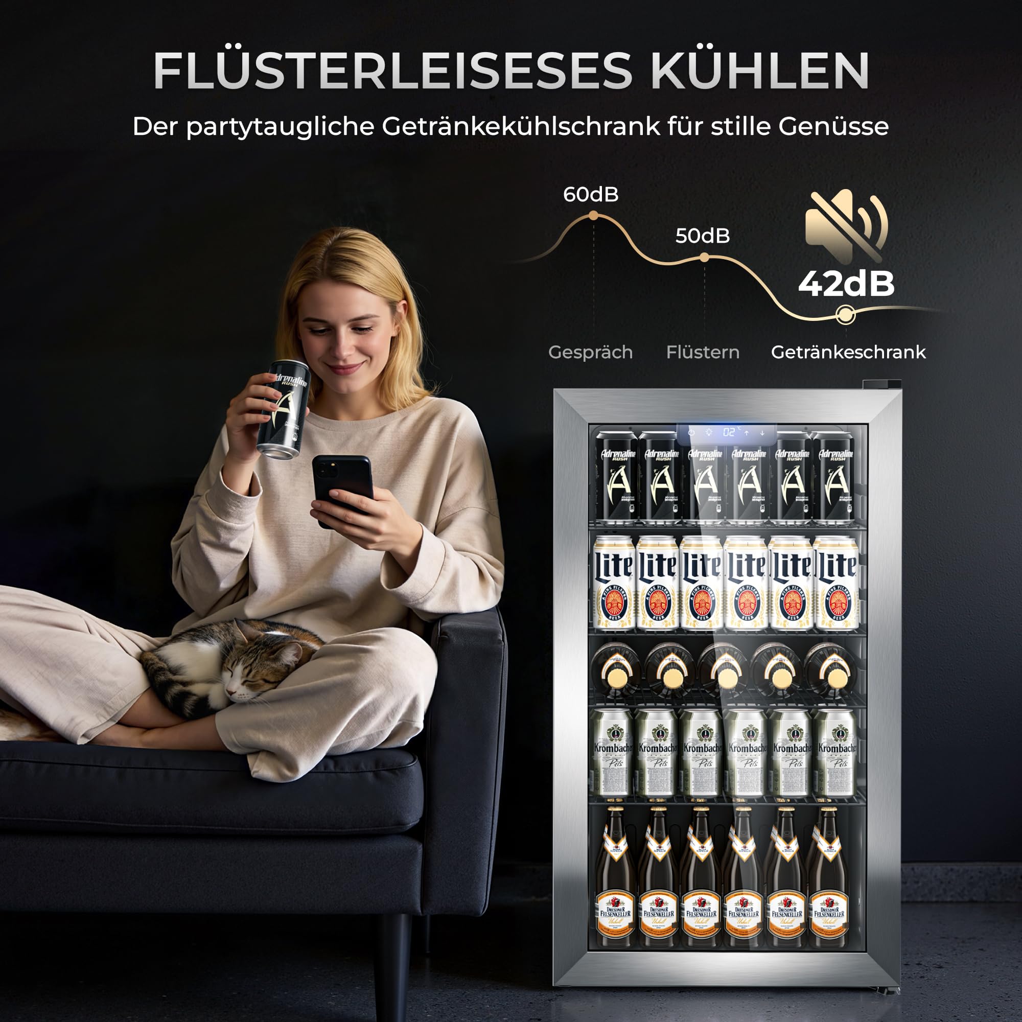 TRIUMPHKEY 86L Getränkekühlschrank Edelstahl-Türrahmen gleichmäßige Kühlung frostfrei 4 Ablagen 130 Dosen