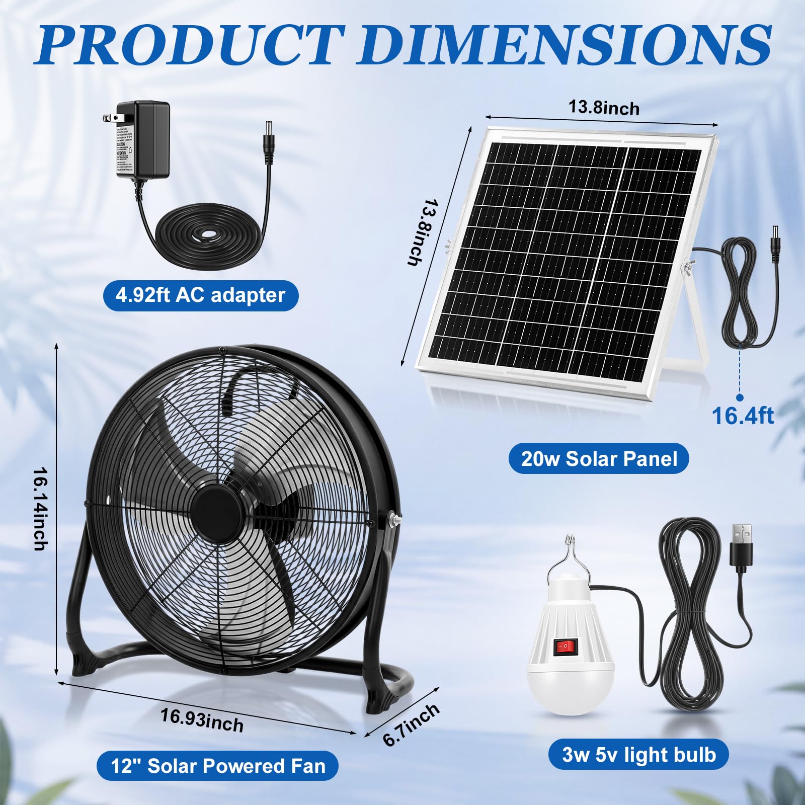 Hortsun 1 juego de ventilador de suelo de 12 pulgadas, 15600 mAh, alimentado por energía solar, negro, ventilador solar exterior, recargable, inalámbrico, inclinación de 360°, para invernadero