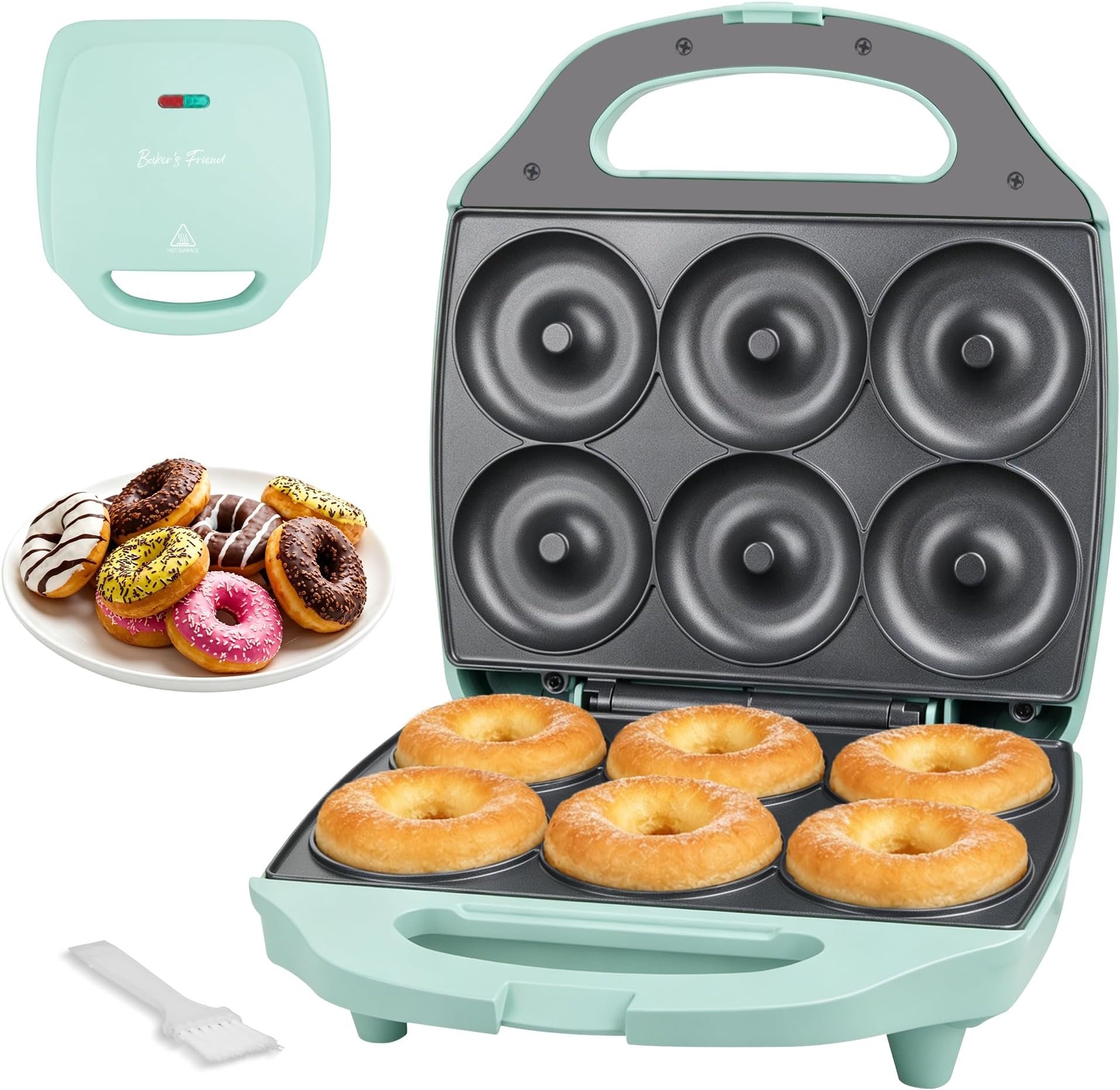 Baker’s Friend Mini Donut Maker Machine for Home, 6 x 3'' Mini Doughnut Maker Machine, Donut Maker for Kids, Maquina Para Hacer Donas, Donut Baking Pan, Donut Party, Aqua