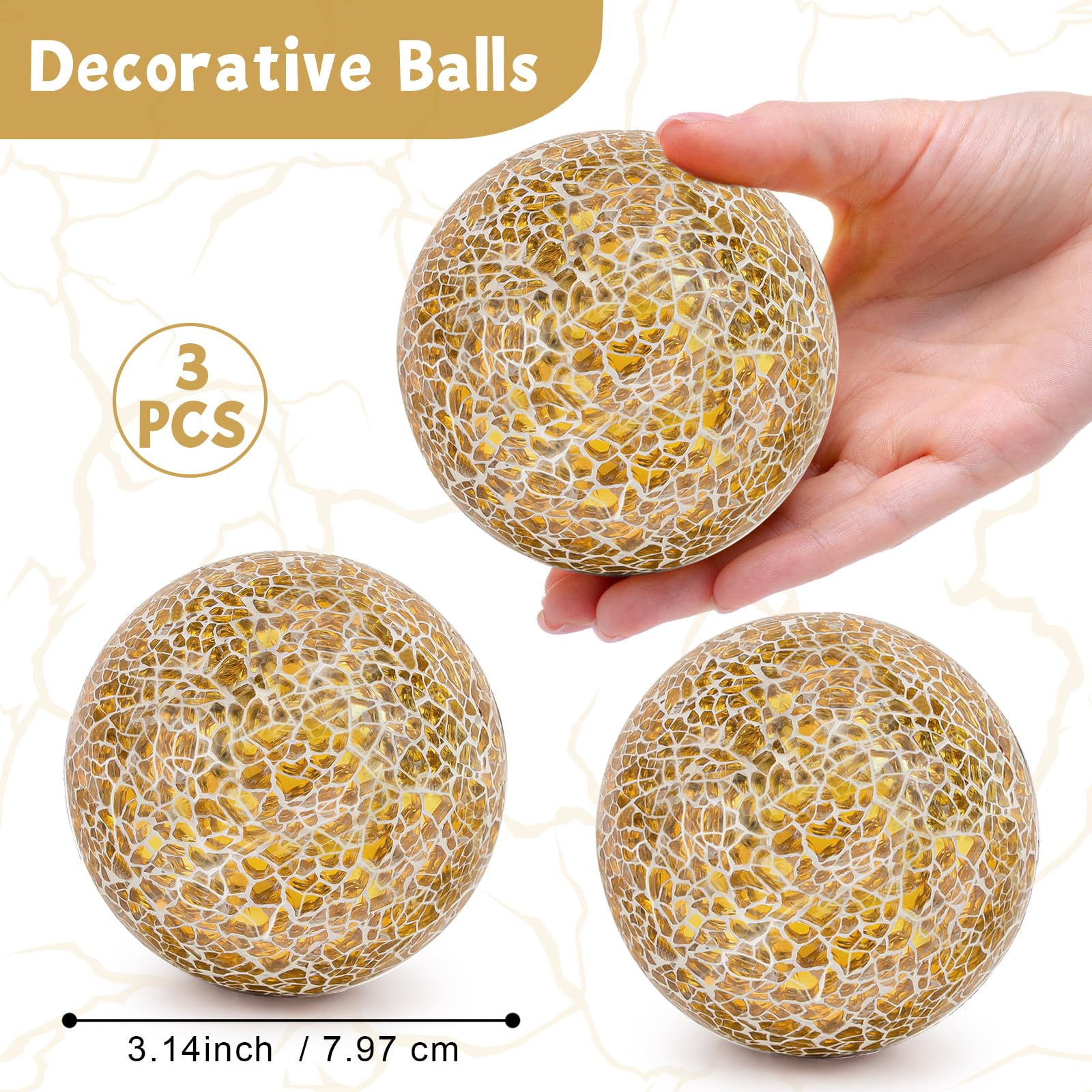 3Pcs Mosaico Sfera di Vetro 8cm Rotondo Crackl Orbs per Ciotole Vasi Tavolo da pranzo Centrotavola Decorazione della Casa - Oro