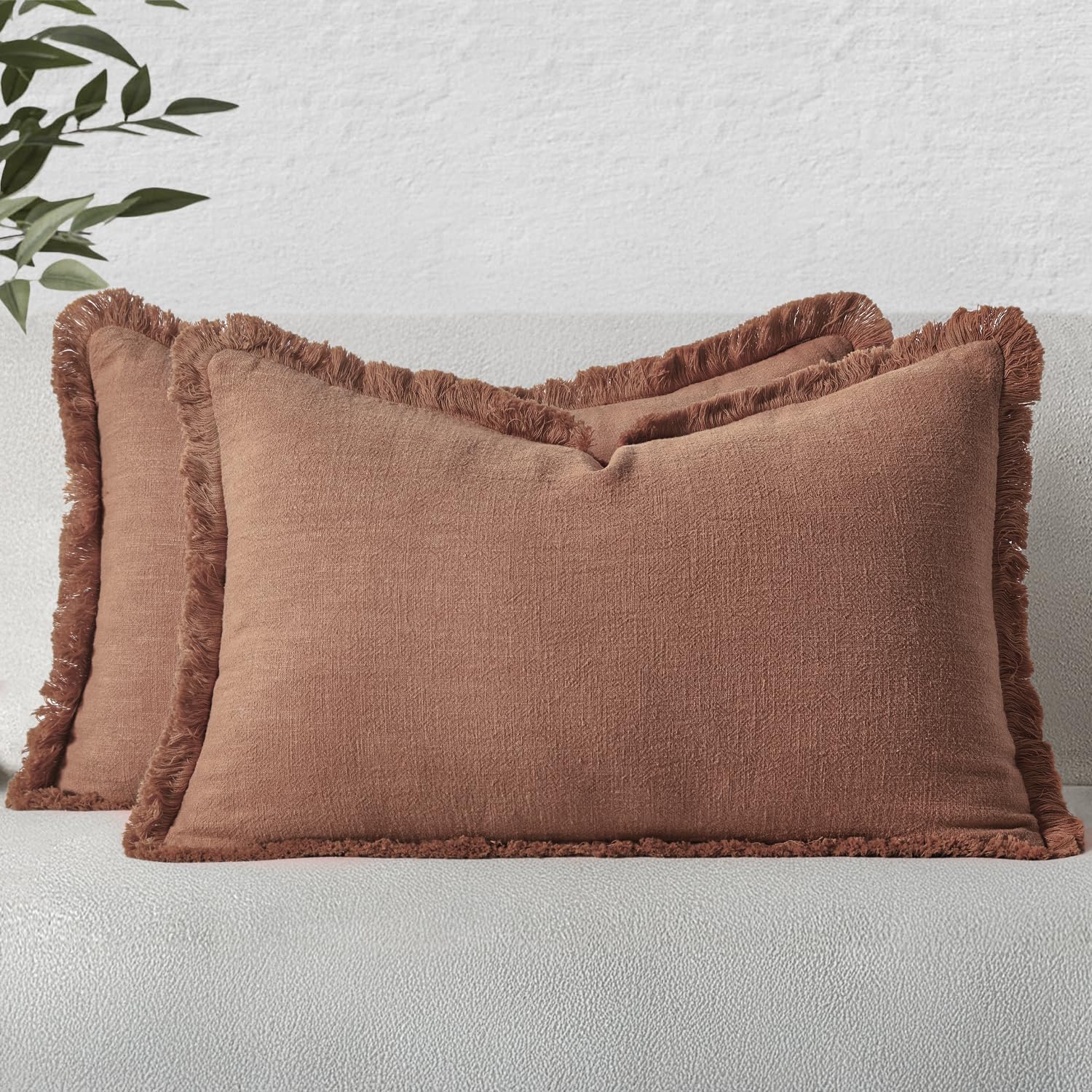 MIULEE Linen Fringe Decorative Fall Lumbar Throw Pillow Covers Brick 12x20