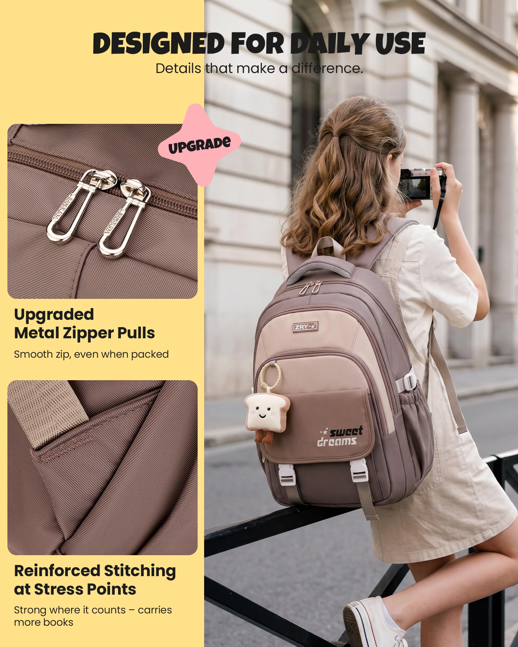 Amythe Schulrucksack Teenager 36L für Mädchen ab 5. Klasse, Großer Rucksack mit Trolleyband, Braun