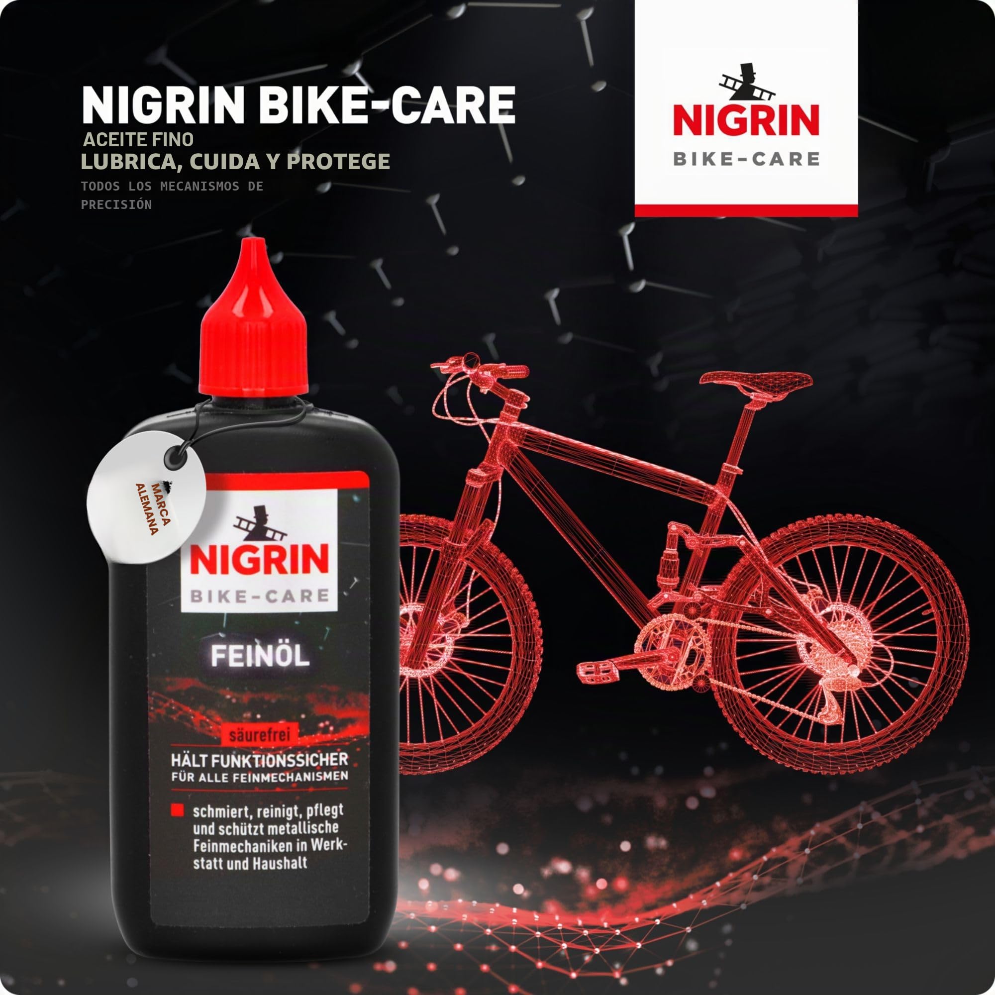 NIGRIN BIKE-CARE Aceite fino, botella de 100 ml, aceite para mecánica de precisión, para hobbies y talleres, sin resina ni ácidos, color gris