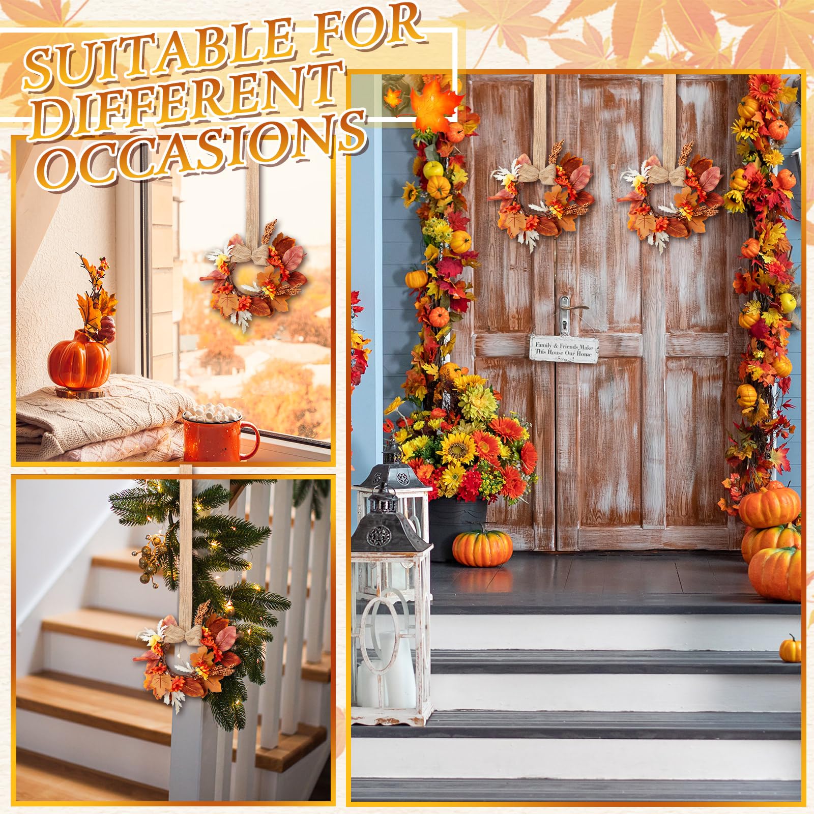 Corona De Otoño Con Hojas De Arce Y Calabazas | Diámetro 50 Cm | Decoración Para Puerta, Interior Y Exterior | Incluye Gancho
