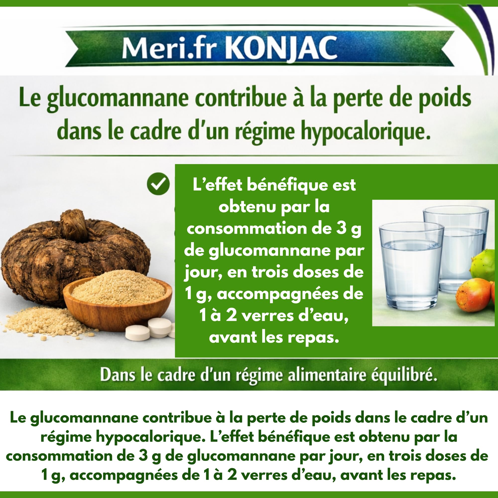 Meri.fr Complément Alimentaire Konjac Glucomannane, Fibres Naturelles, Vegan, Sans Gluten, 180 Gélules Végétales - lot de 2x180 capsules