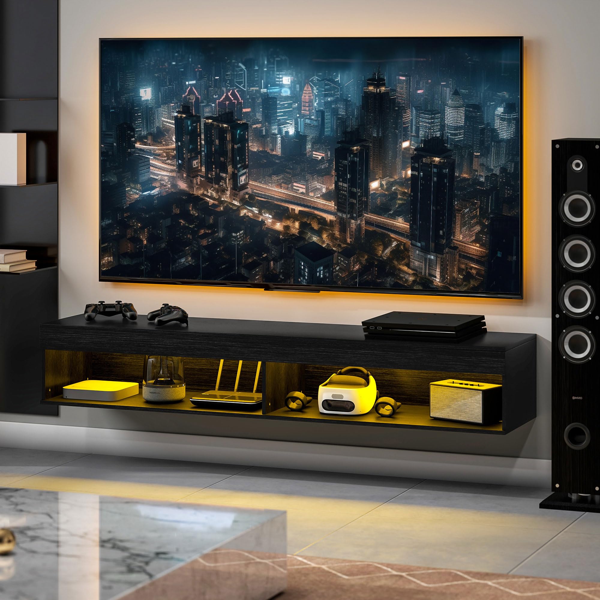 HOMCOM Mobile Porta TV fino 75" Sospeso con Luci LED 16 Colori e Modalità Regolabile con Telecomando, Mobile TV Sospeso in Legno, 180x40x30 cm, Nero