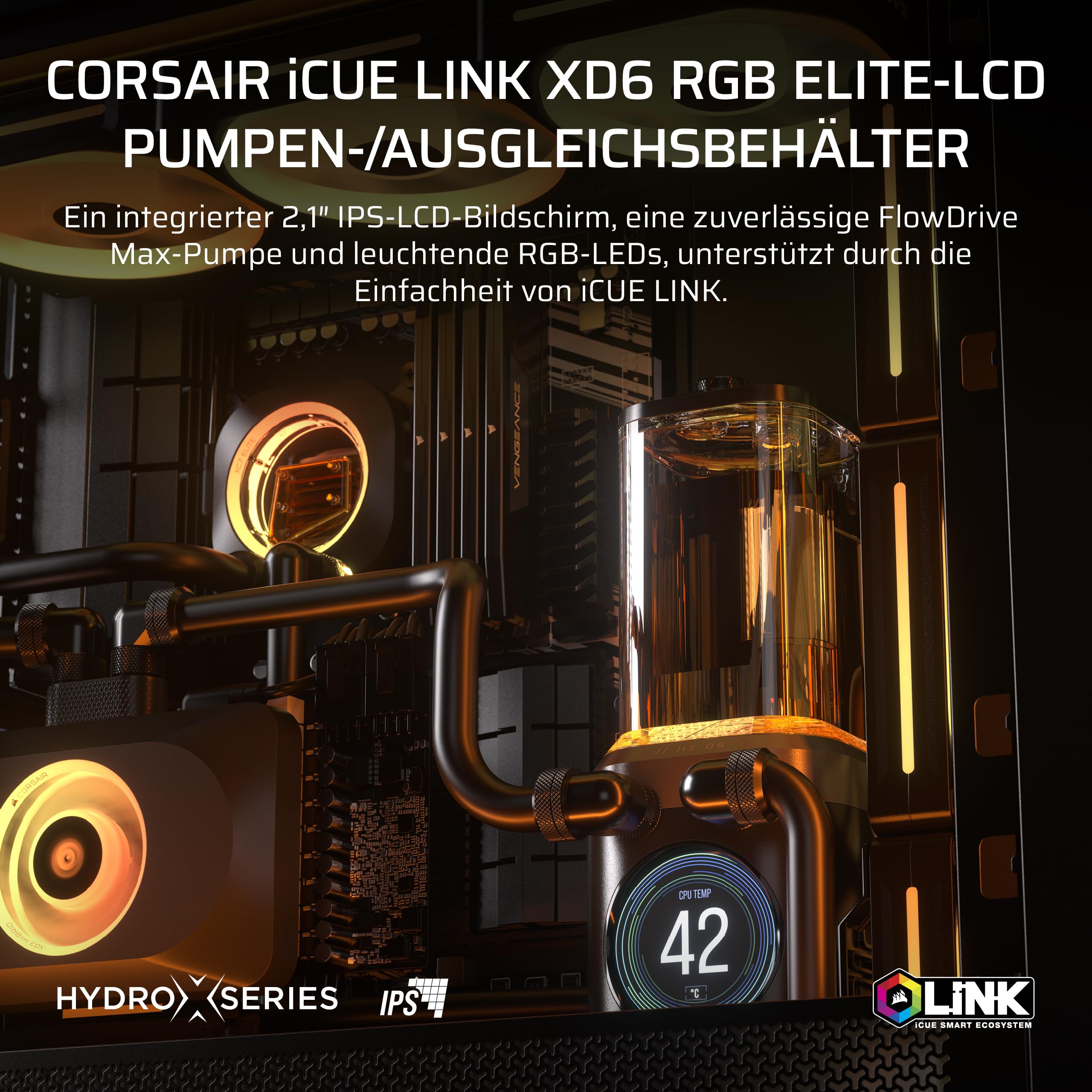 CORSAIR iCUE LINK XD6 RGB Elite LCD-Pumpen-/Behältereinheit – FlowDrive Max-Pumpe, 480x480 IPS-LCD-Bildschirm, Integrierter Temperatursensor, 22 Adressierbare RGB-LEDs – Stahlgrau