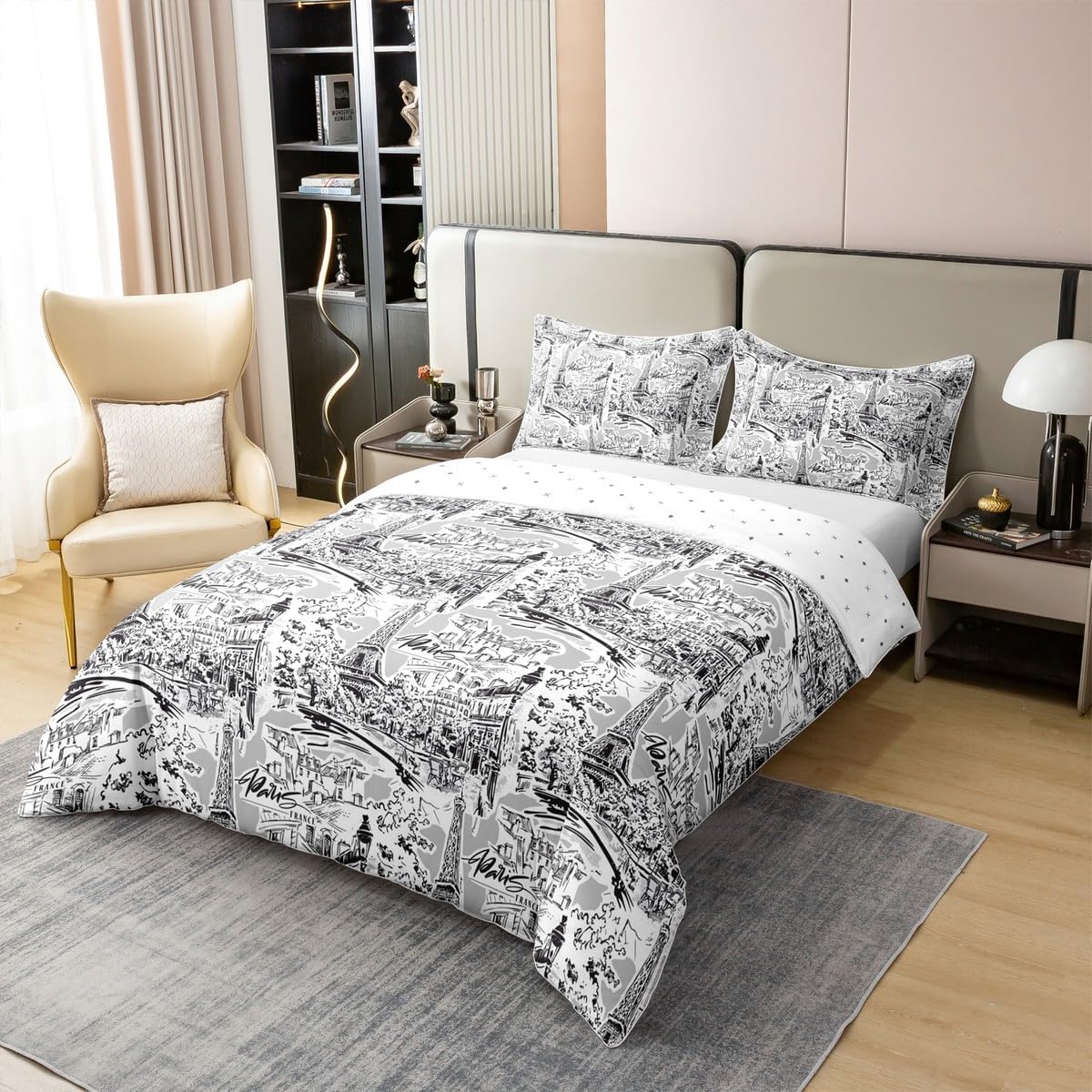 Full Size Duvet Cover Set Eiffel Tower 100% Pure Cotton Bedding Set Vintage Paris Fashion Grey Comforter Cover 3 PCS Romantic City Building View Quilt Cover Luxury Soft(No Comforter)
