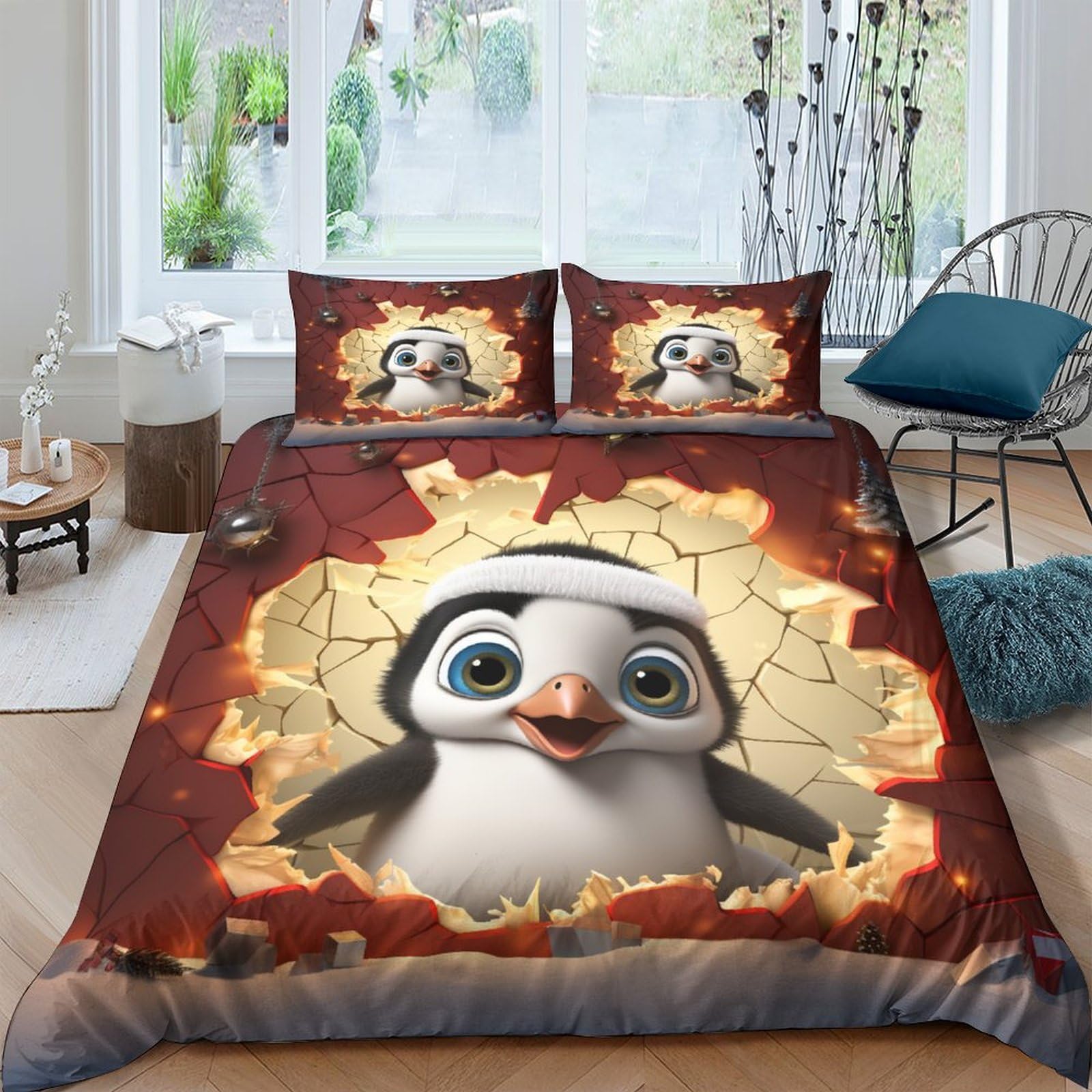 Parure de lit pingouin de Noël housse de couette 3D imprimé animaux mignons 200x200 cm enfants
