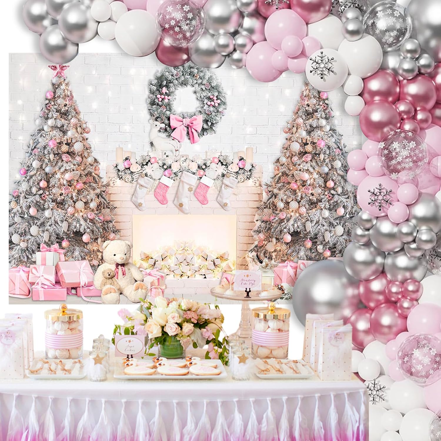 Mocsicka 10x8ft Pink Christmas Photography Backdrop Christmas Fireplace Backdrop Pink Xmas Tree Gift Background Snow Holiday Family Party Photo Studio Prop