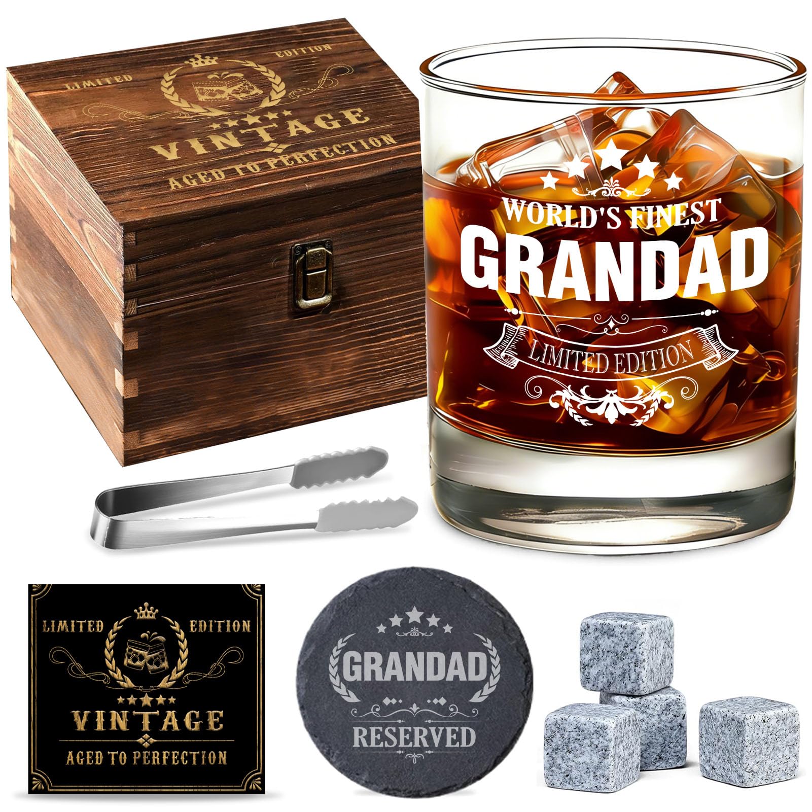 Timogift Grandad Birthday Gifts, Engraved Whisky Glass Set, Wooden Gift Box