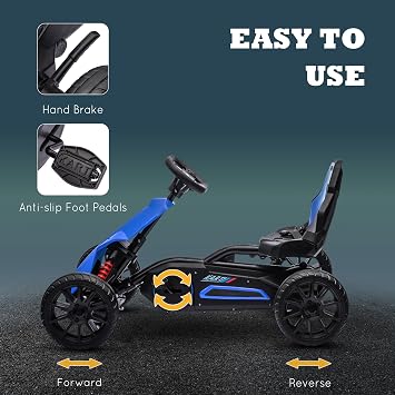 Aosom Kids Pedal Go Kart Adjustable Seat Swing Axle Handbrake for 3-8 Blue | Outdoor Ride on Toy, 4 Non-Slip EVA Wheels, for Boys and Girls