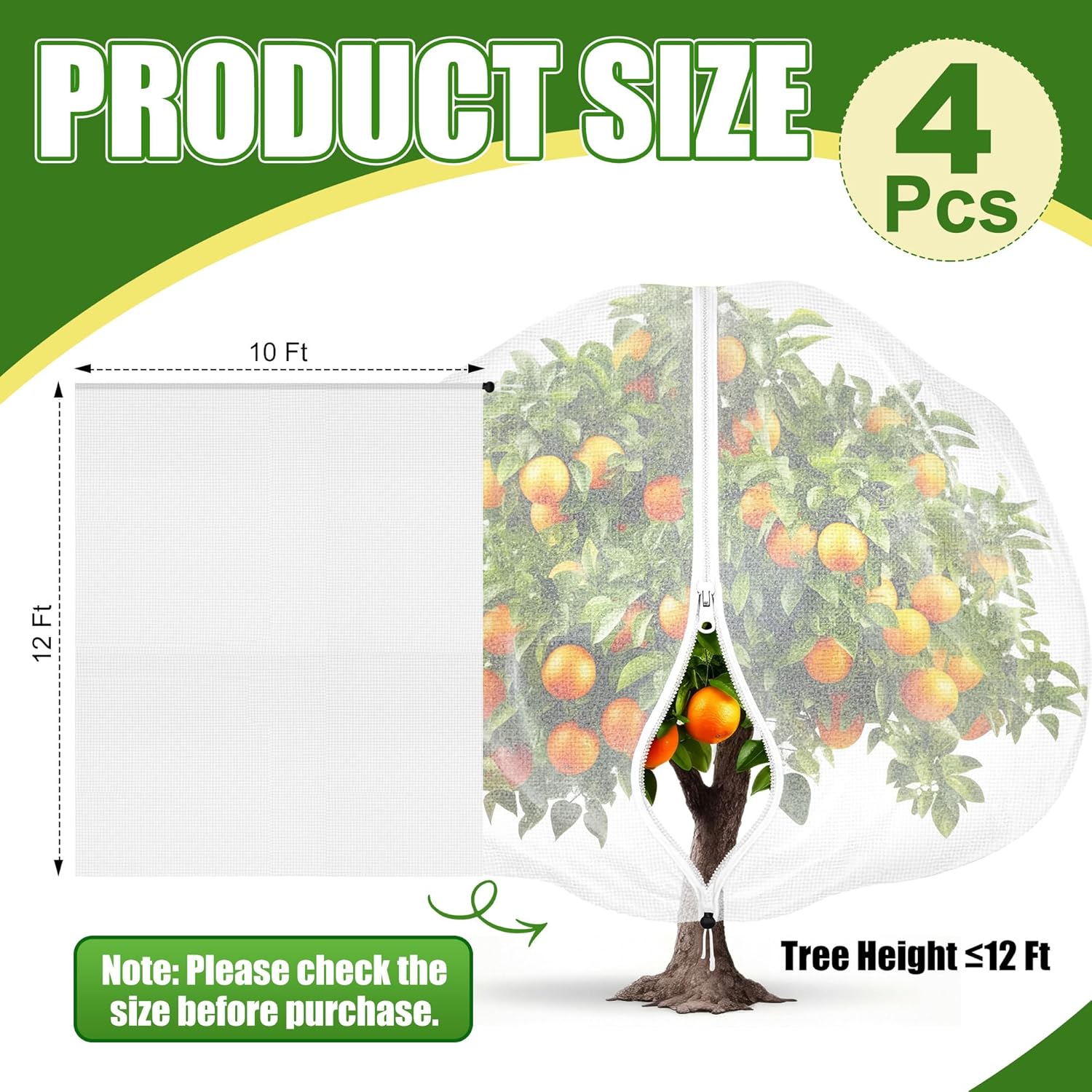 4 Pcs Extra Large 12 x 10 ft Bird Netting for Garden Fruit Tree Plant Protection with Zipper Drawstring Bird, Insect and Deer Barrier for Large Trees, Blueberry Bushes, Vegetable Gardens