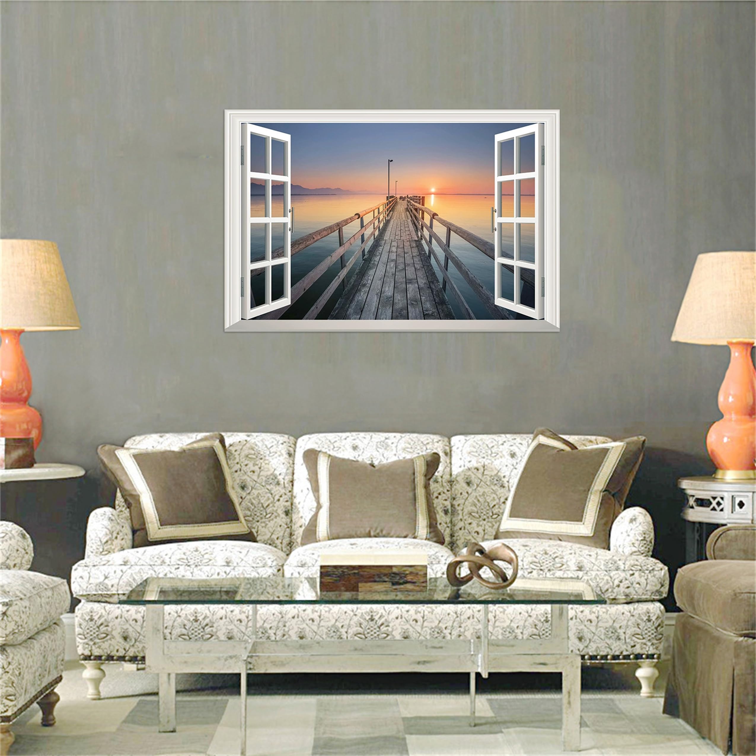 SDYSKKUG Fensterblick Landschaftsbilder. Meer Brücke Sonnenuntergang. Leinwand Wanddekoration Bild. Wandbild für Wohnzimmer Badezimmer 120x80cm Ungerahmt