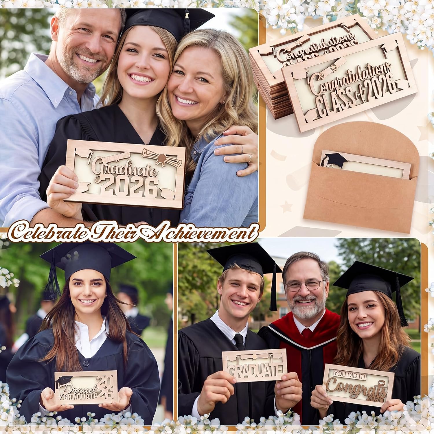 Wenqik 8sets/16pcs Graduation Money Holder Graduation Cash Gift Bulk Wooden Envelope Box DIY Money Envelope Wallet Congrat Grad Wood Card Cash Holder Decor for 2026 College High School Grads Favor
