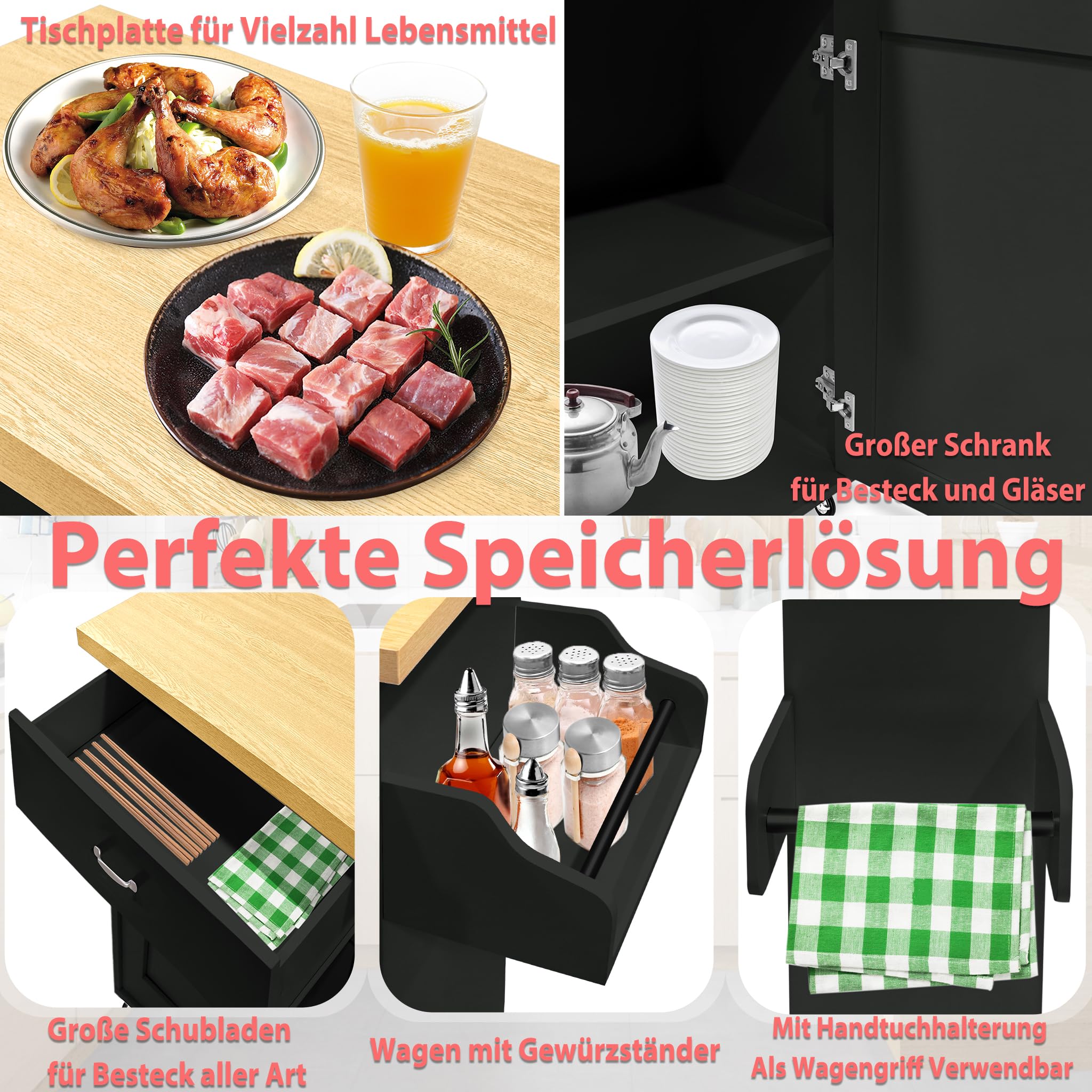 YRHome Ruchome wyspy kuchenne, wózek kuchenny z półką na przyprawy, wieszak na ręczniki i szufladą, wózek kuchenny na kółkach, szafka kuchenna z blatem roboczym, wózek do serwowania, 115 x 36 x 90 cm